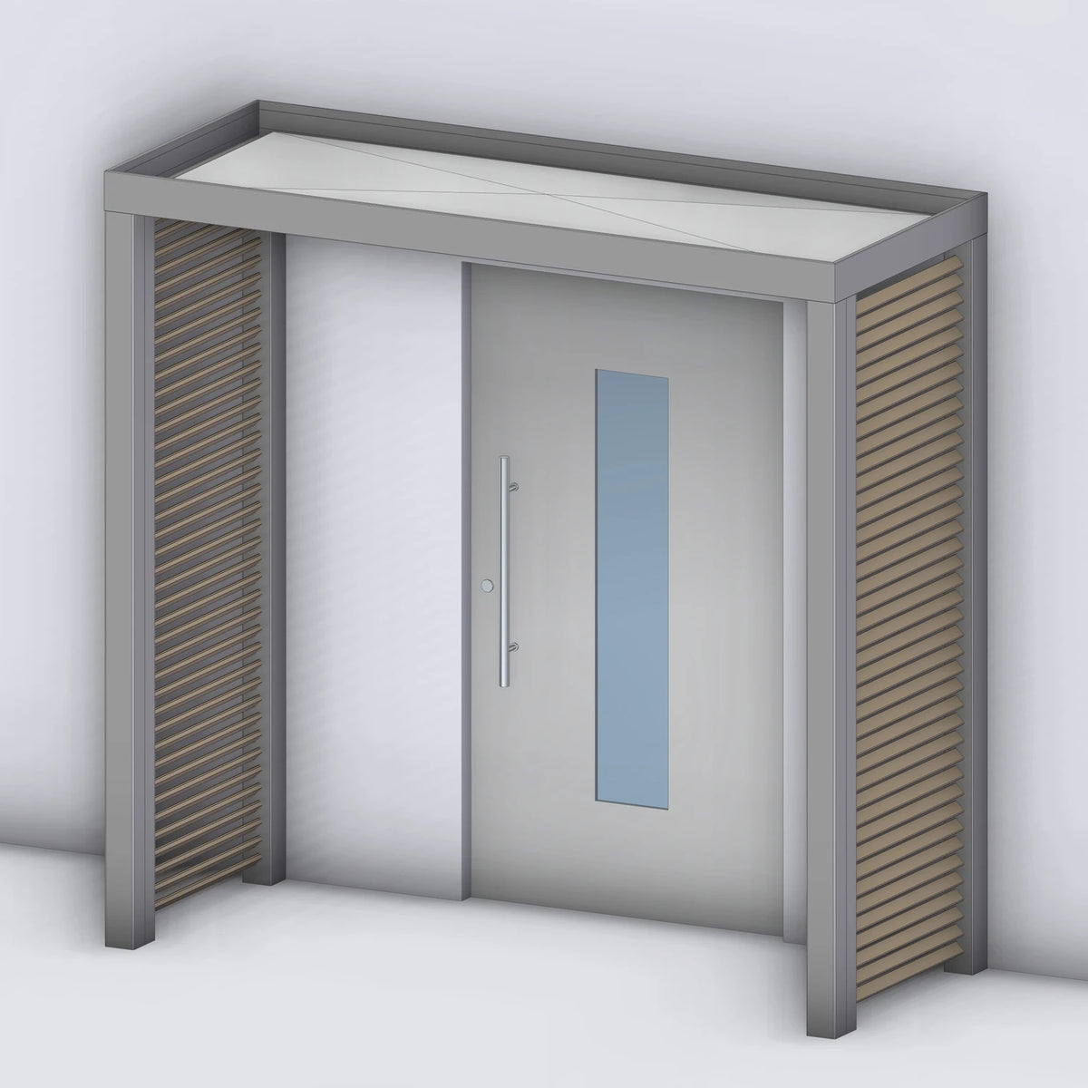 Vordach Platin 125 mit Holz-Sprossenseitenteil links und rechts, Rendering