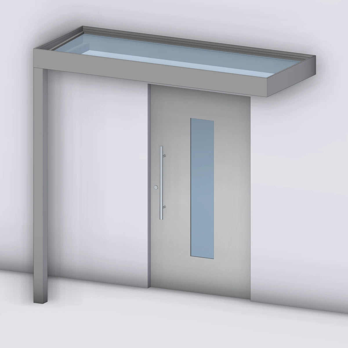 Vordach Platin VSG mit Eckstütze links, Rendering