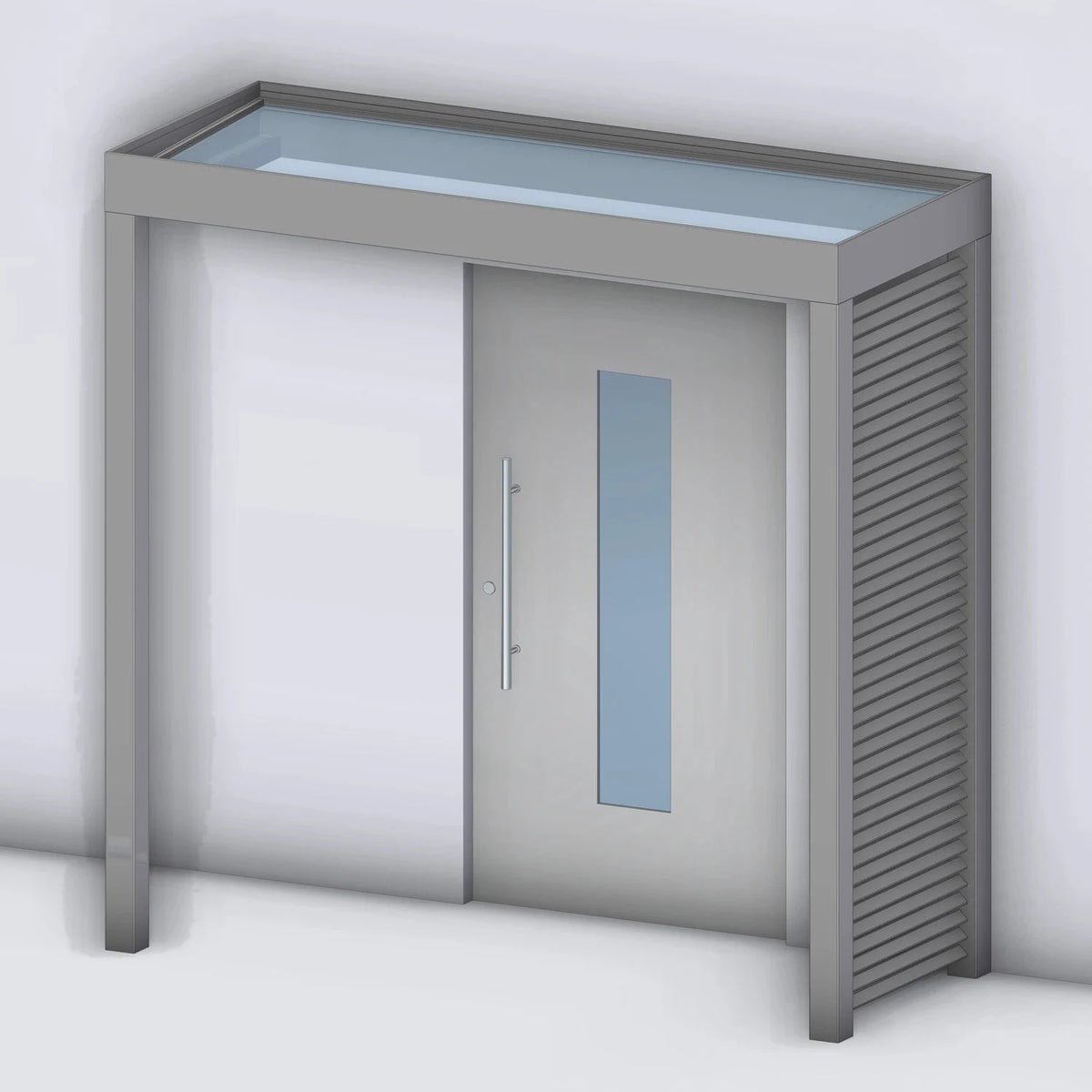 Vordach Platin VSG mit Aluminium-Sprossenseitenteil rechts und Eckstütze links, Rendering