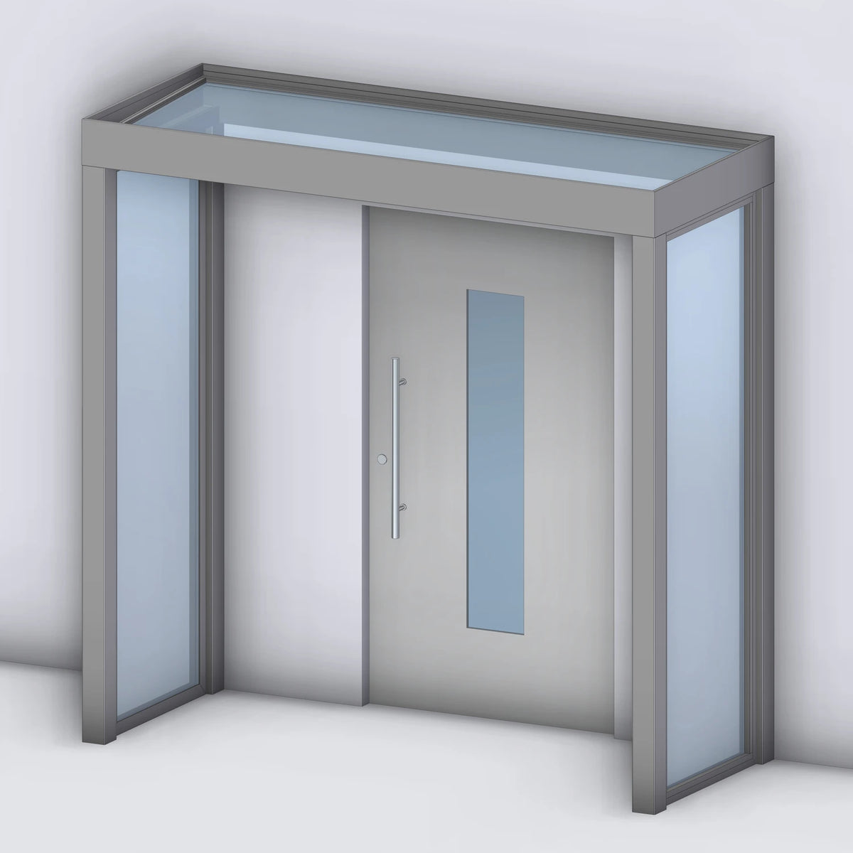 Vordach Platin VSG mit Glas-Seitenteil links und rechts, Rendering