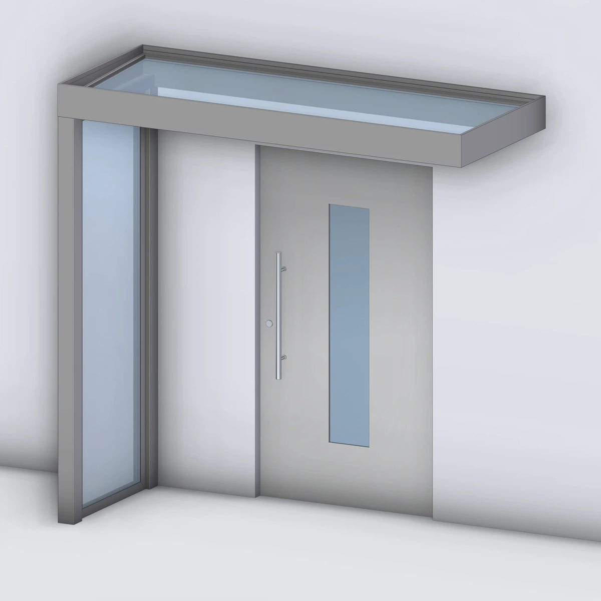 Vordach Platin VSG mit Glas-Seitenteil links, Rendering