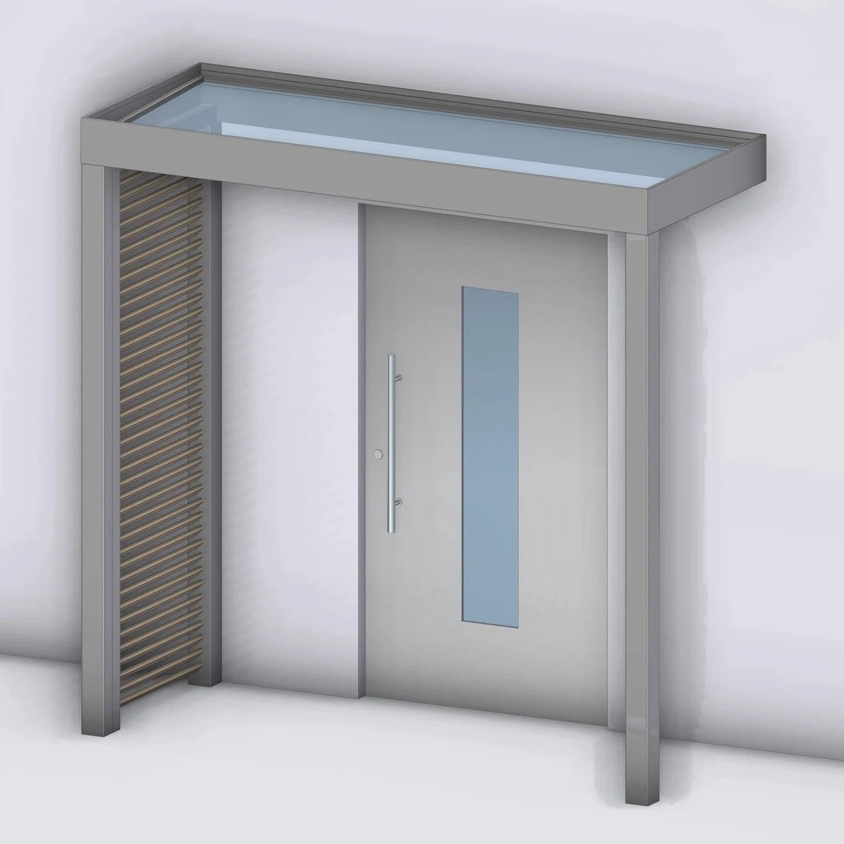Vordach Platin VSG mit Holz-Sprossenseitenteil links und Eckstütze rechts, Rendering