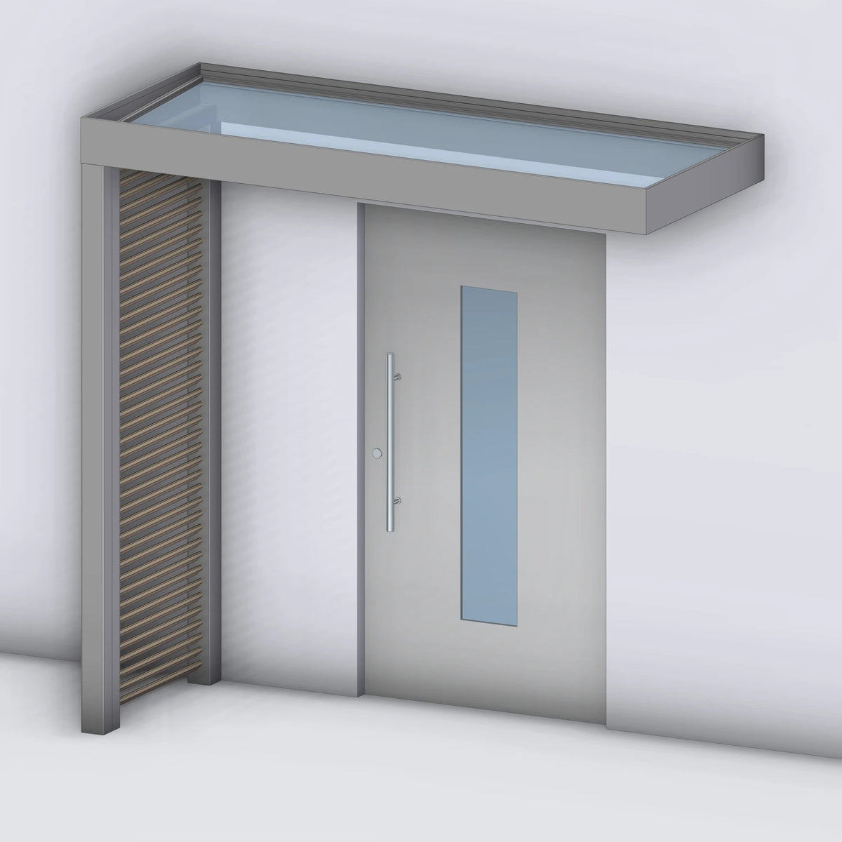Vordach Platin VSG mit Holz-Sprossenseitenteil links, Rendering