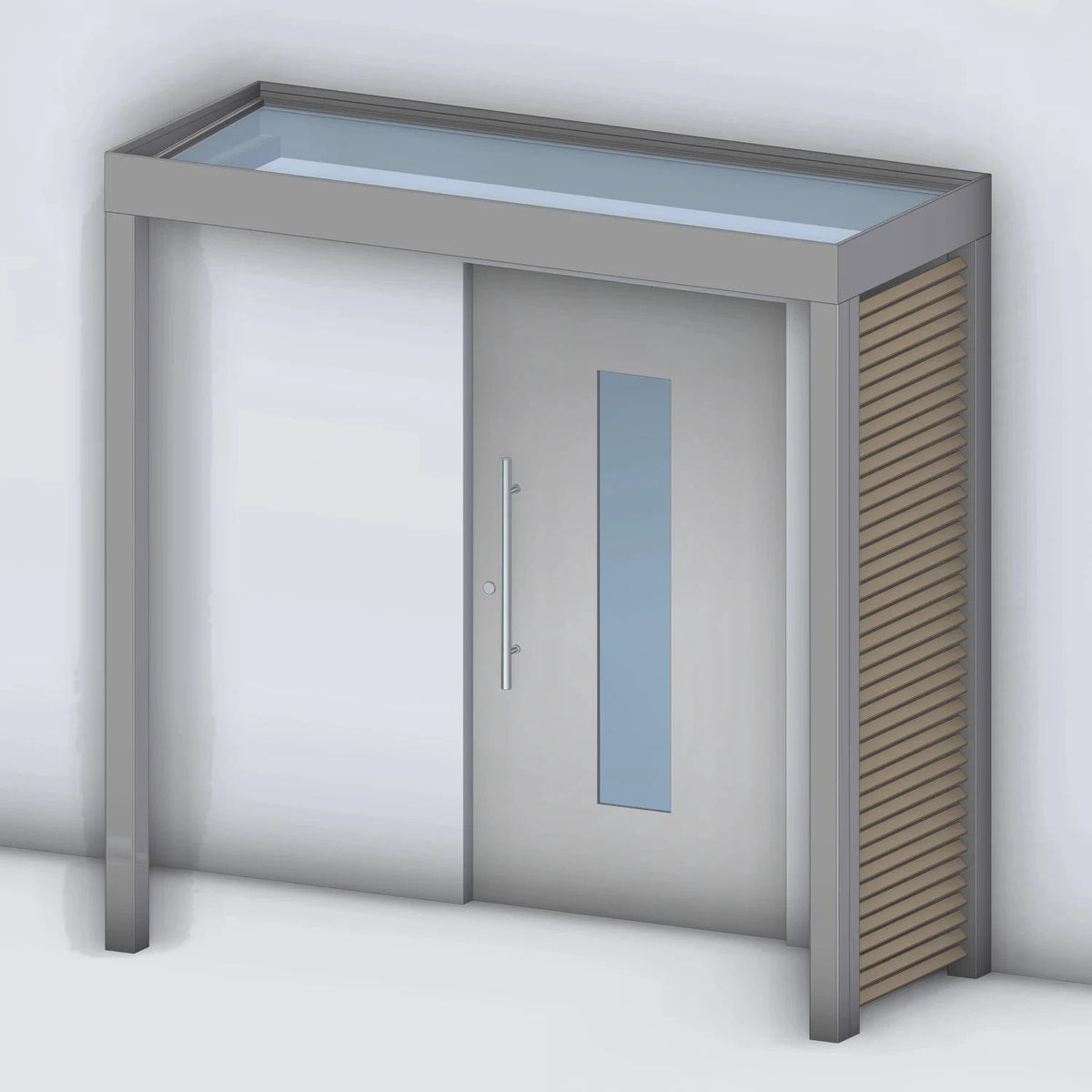 Vordach Platin VSG mit Holz-Sprossenseitenteil rechts und Eckstütze links, Rendering