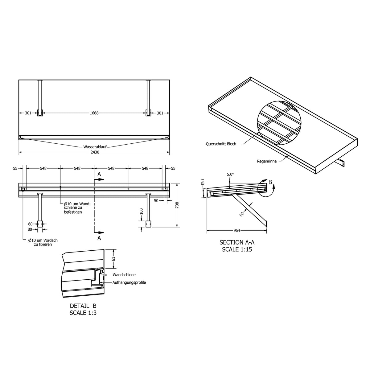 Maßzeichnung Vordach Plattling Konsolen 2430 × 955 mm