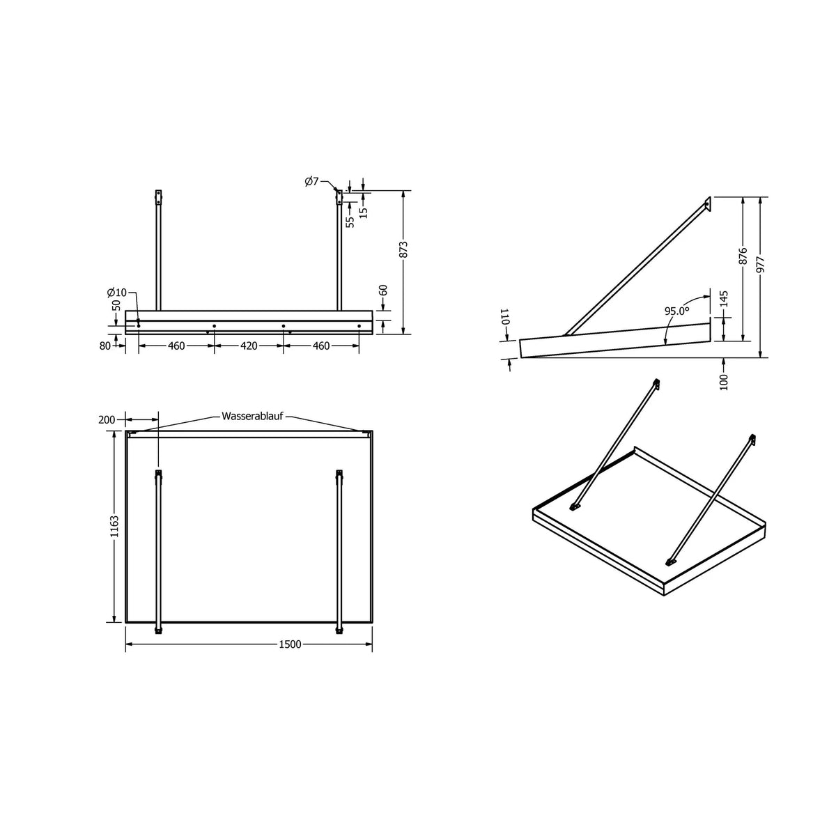 Maßzeichnung Vordach Plattling Zugstangen 1500 × 1155 mm
