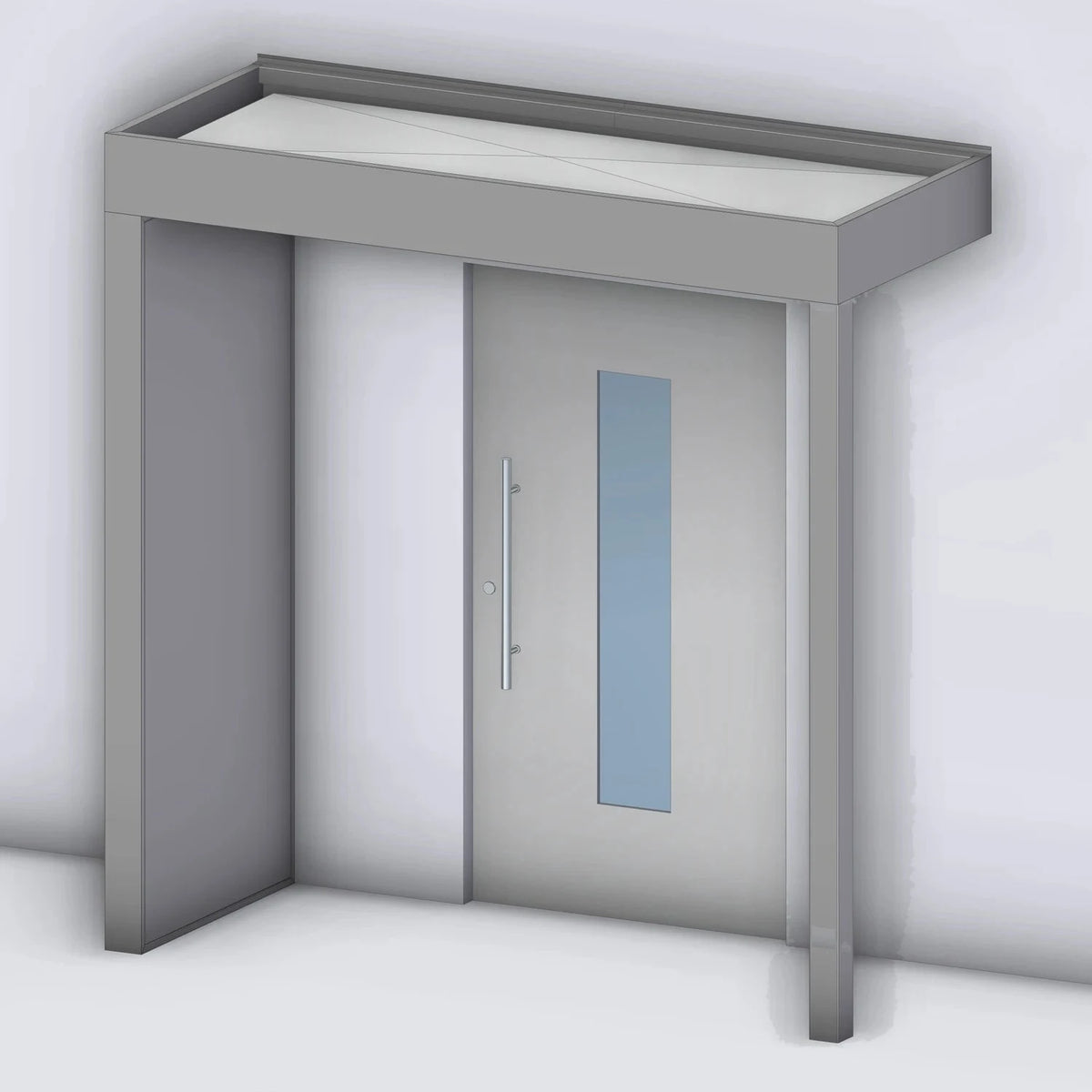 Vordach Tragwerk 245 mit geschlossenem Aluminium-Seitenteil links und Eckstütze rechts, Rendering
