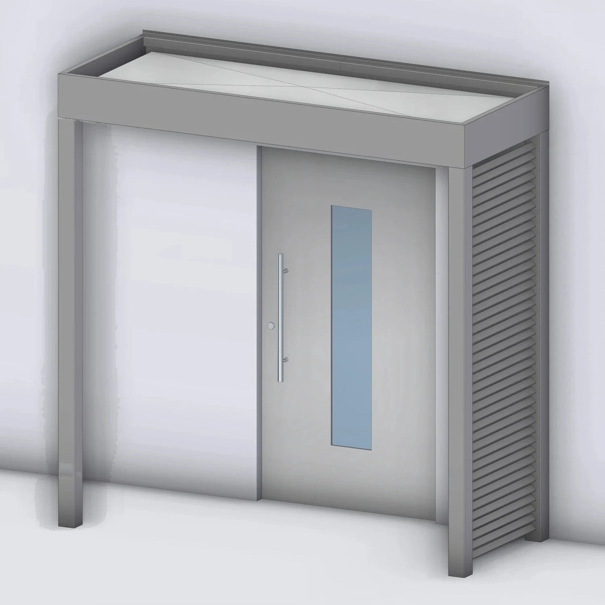 Vordach Tragwerk 245 VSG mit Aluminium-Sprossenseitenteil rechts und Eckstütze links, Rendering