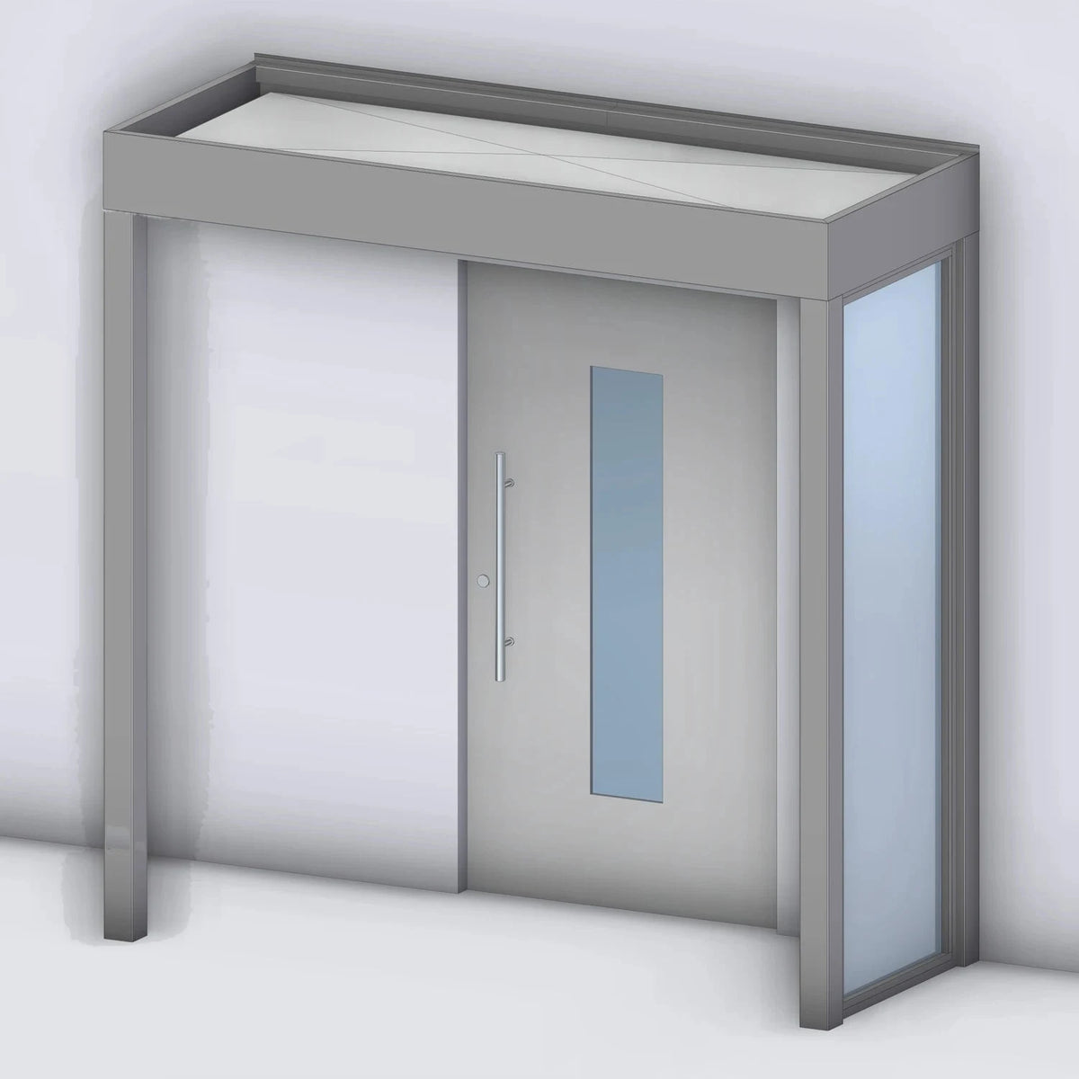 Vordach Tragwerk 245 VSG mit Glas-Seitenteil rechts und Eckstütze links, Rendering