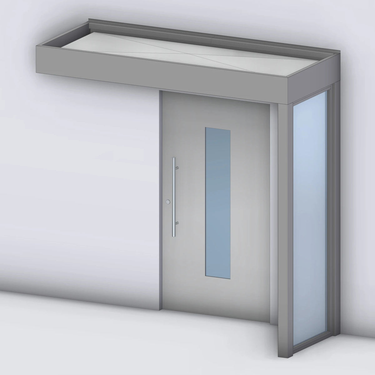 Vordach Platin auf Tragwerk 245 VSG mit Glas-Seitenteil rechts, Rendering (Darstellung mit Paneeleindeckung)