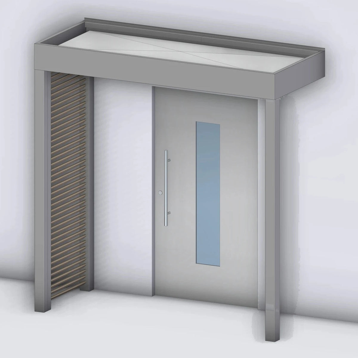 Vordach Tragwerk 245 VSG mit Holz-Sprossenseitenteil links und Eckstütze rechts, Rendering