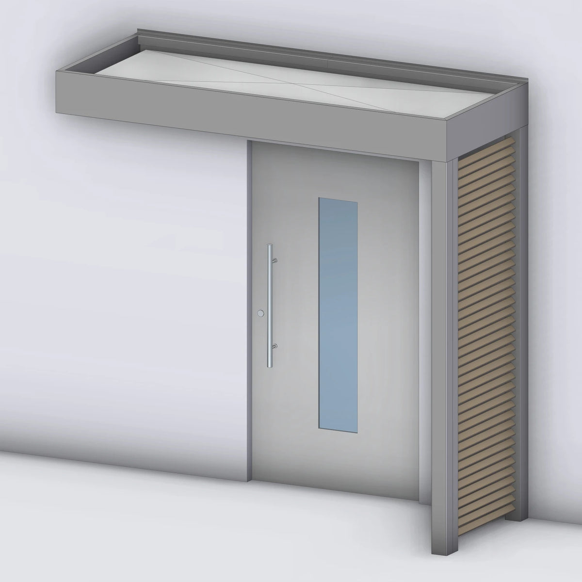 Vordach Platin auf Tragwerk 245 VSG mit Holz-Sprossenseitenteil rechts, Rendering (Darstellung mit Paneeleindeckung)