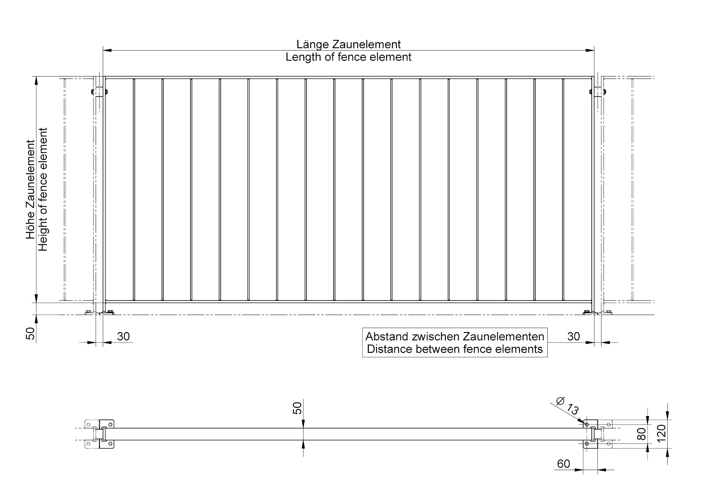 Technische Zeichnung Metallzaun Modell Simple, Maßangaben für Zaunelement und Montage
