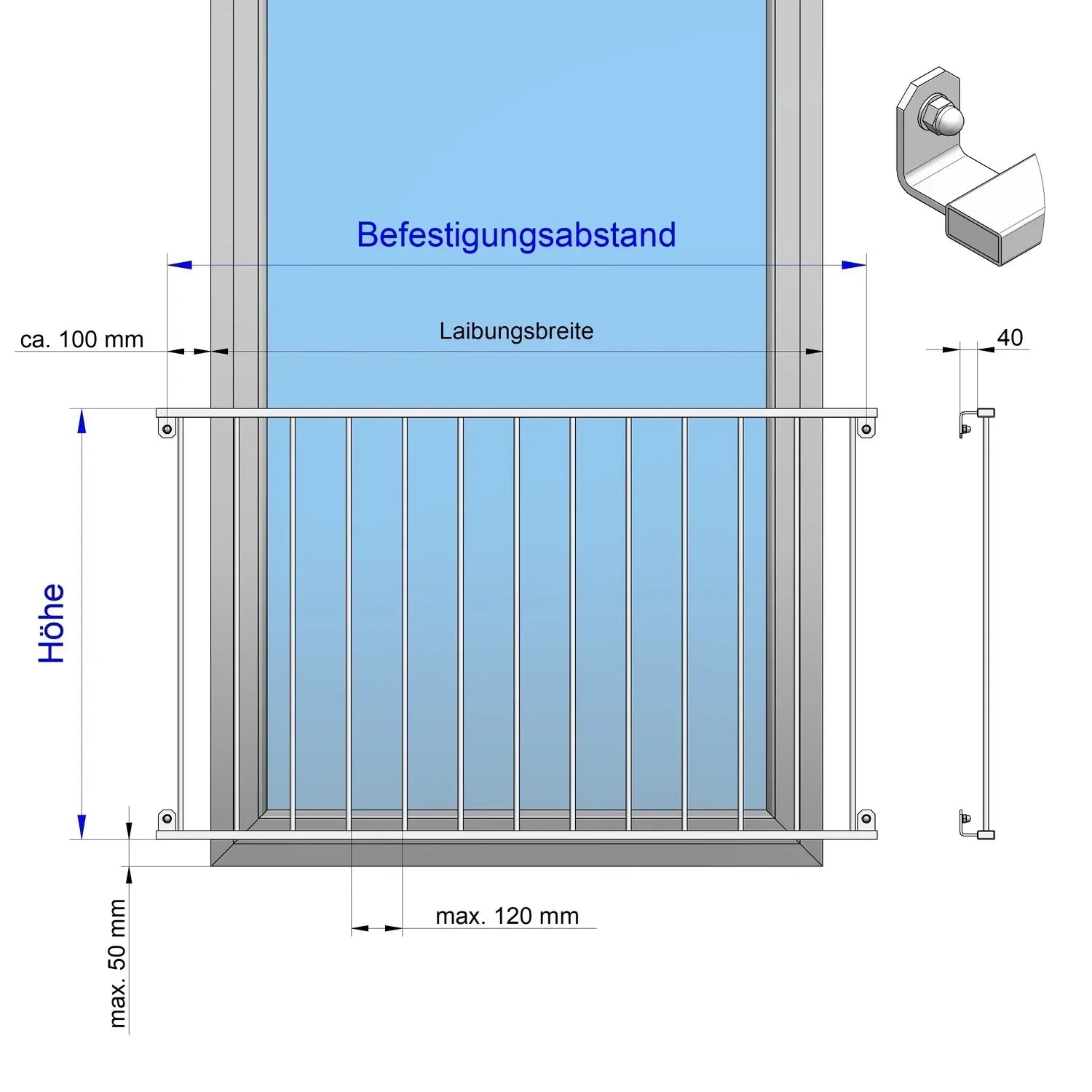 Maßzeichnung französischer Balkon aus Metall, mit Befestigungsabstand und Maßen