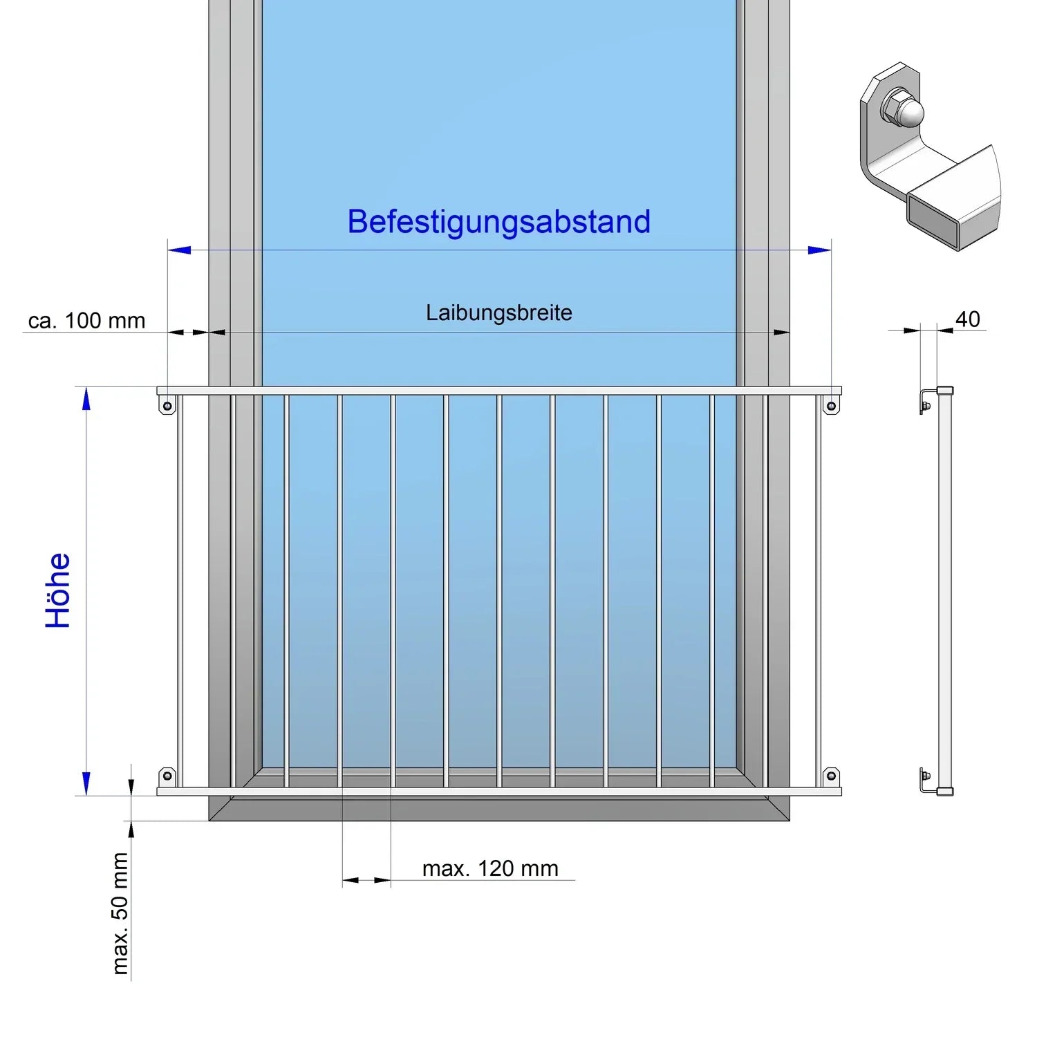 Französischer Balkon Basic 3 vorgesetzt Zeichnung Winkel