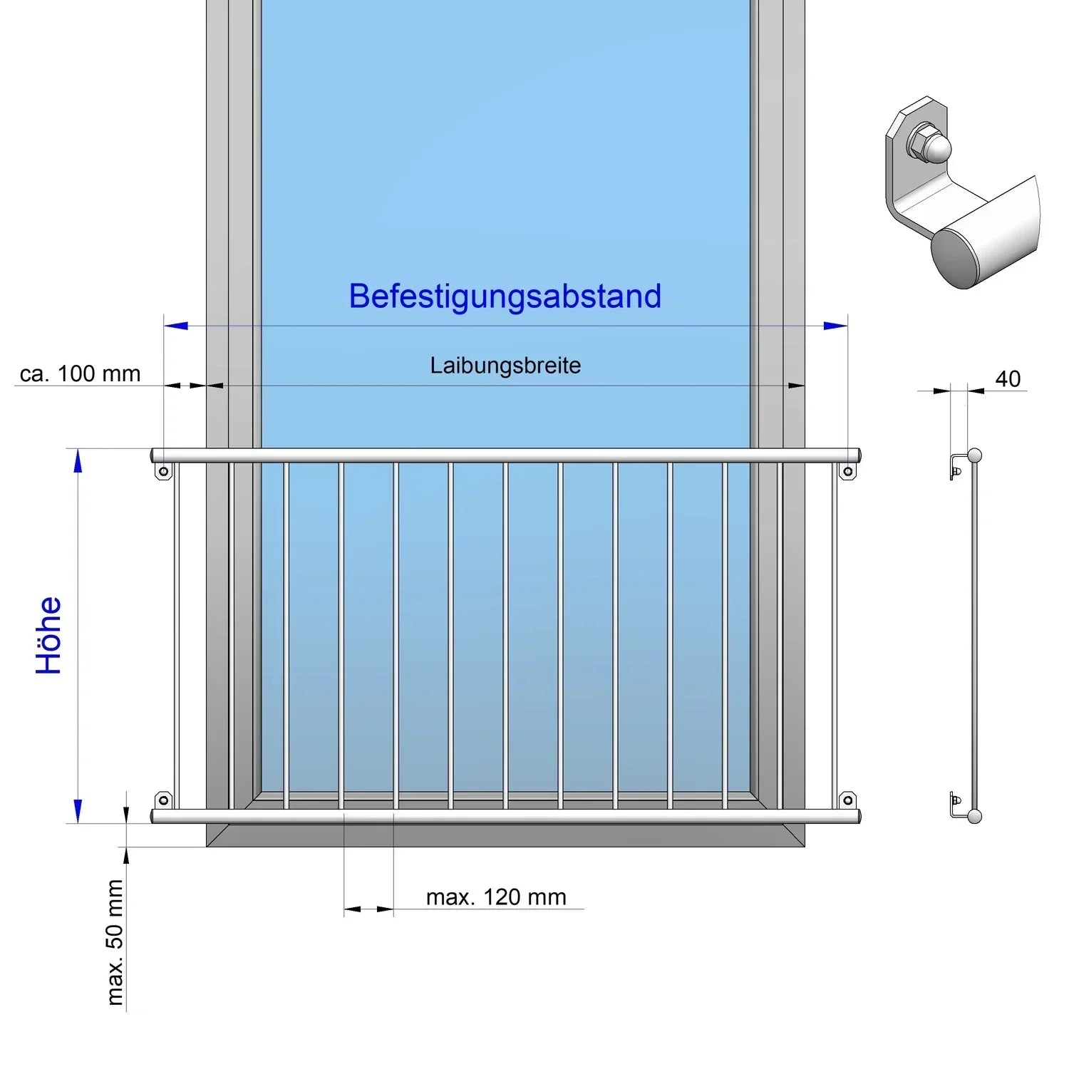 Französischer Balkon Basic vorgesetzt Zeichnung Winkel