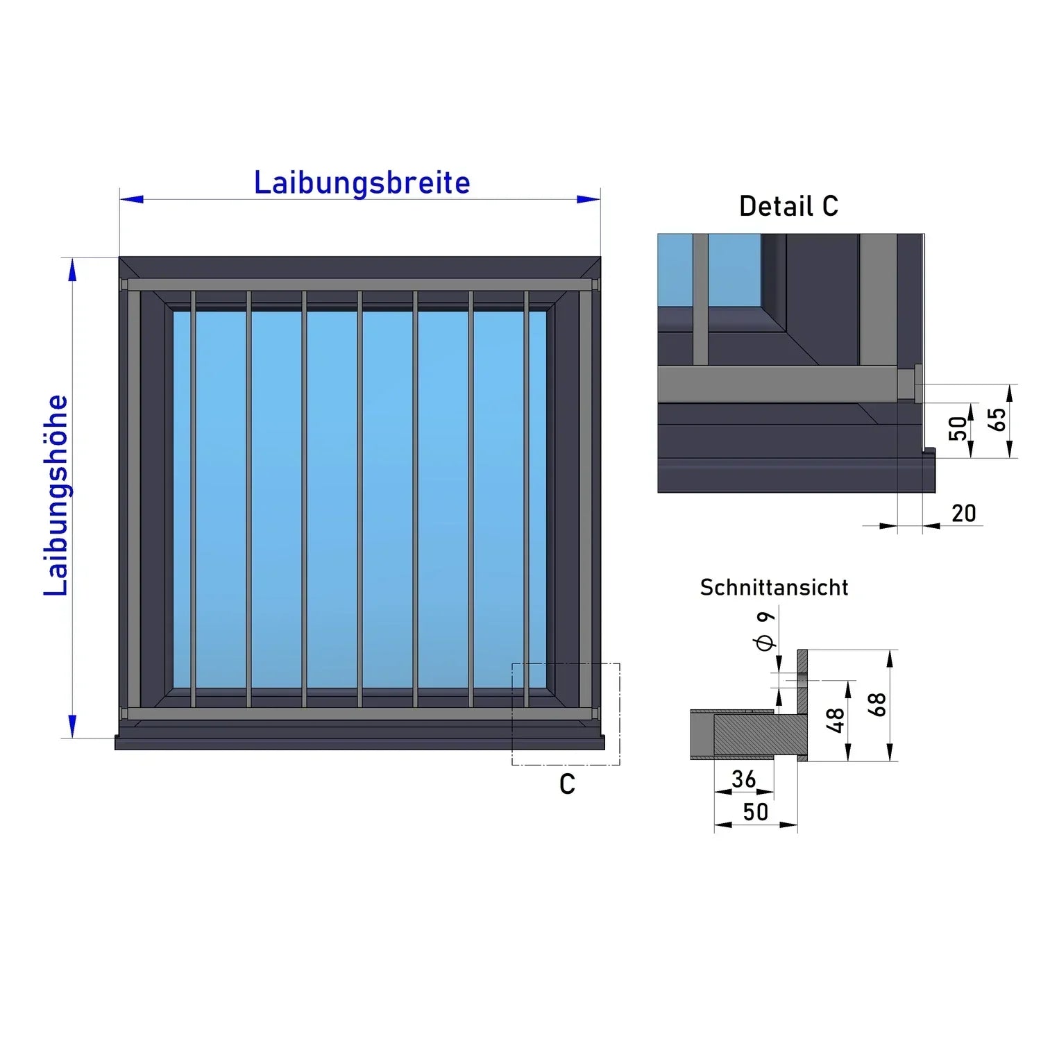 Zeichnung Fenstergitter Laibung mit Maßen, Detail- und Schnittansicht, Metallbau