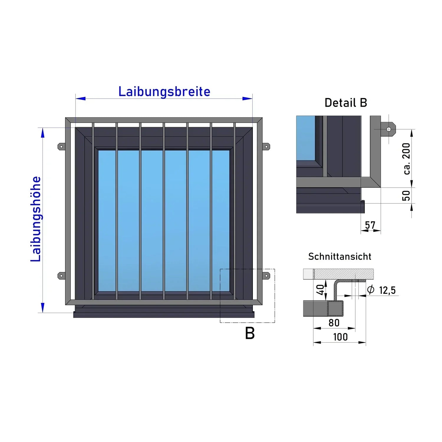 Fenstergitter Modell Venedig 2 mit Fensterbrett vorgesetzt Zeichnung