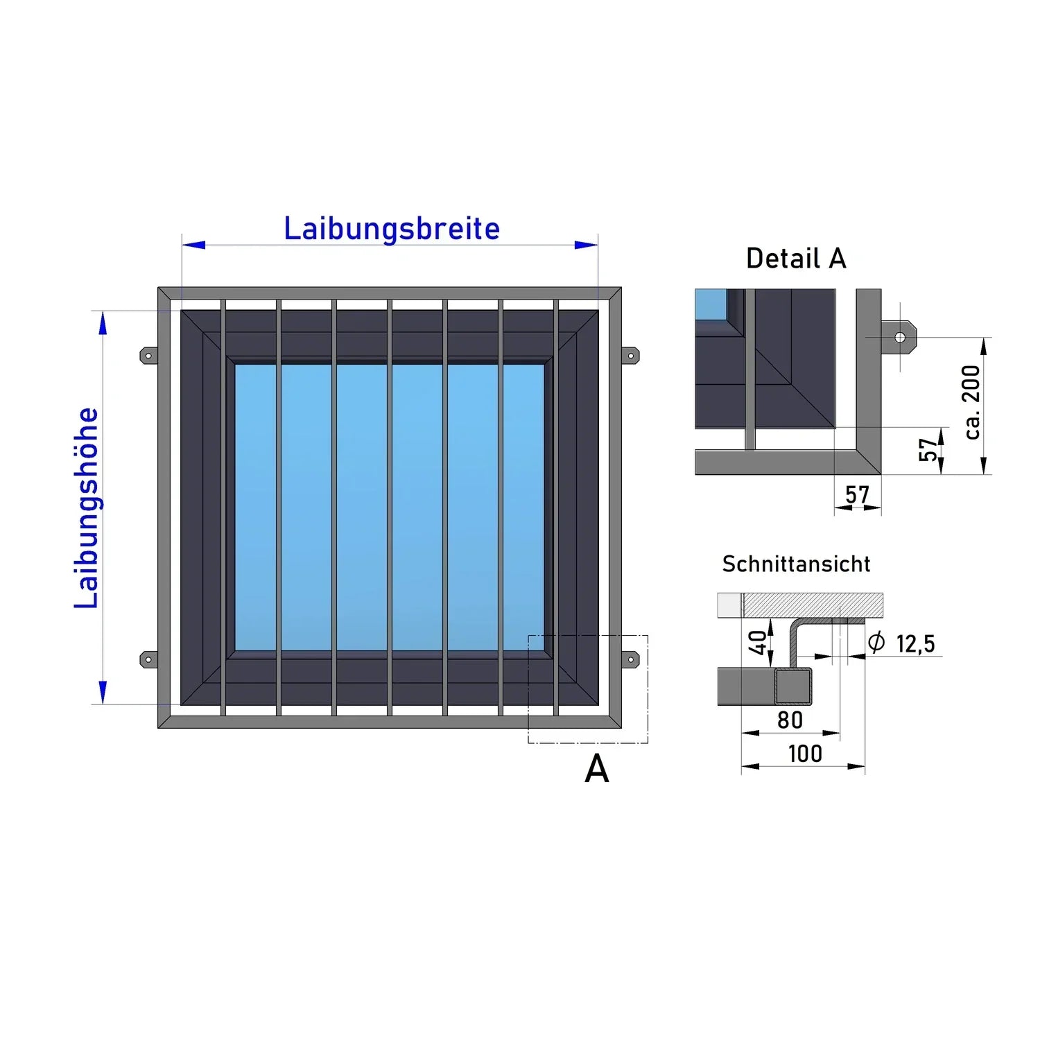 Technische Zeichnung Fenstergitter vorgesetzt ohne Fensterbrett, Maße und Schnittansicht