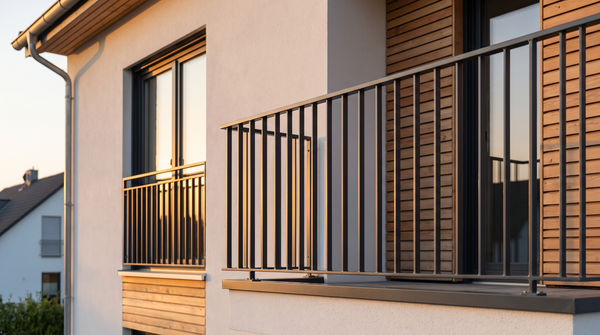 Balkongeländer und Französischer Balkon aus pulverbeschichtetem Metall in Anthrazit RAL 7016 mit senkrechten Füllstäben an moderner Hausfassade