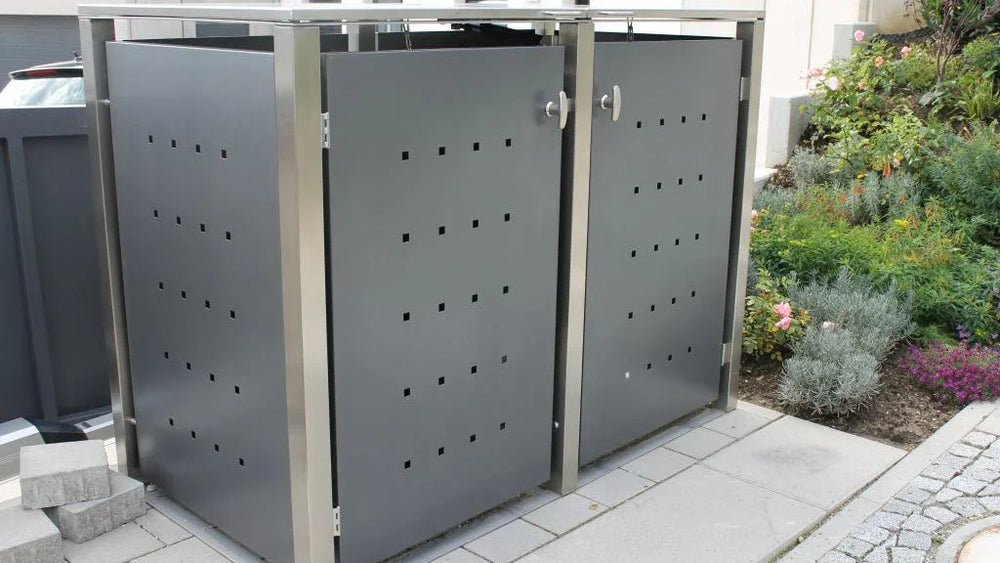 Mülltonnenbox Universal 2er aus Edelstahl, grau anthrazit beschichtet, für 120- und 240-Liter-Tonnen im Vorgarten – Kirchberger Metall