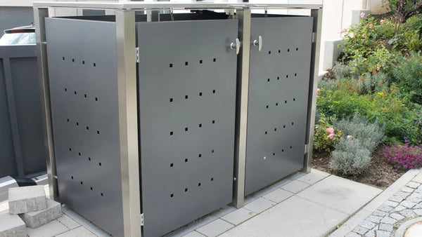 Mülltonnenbox Universal 2er aus Edelstahl, grau anthrazit beschichtet, für 120- und 240-Liter-Tonnen im Vorgarten – Kirchberger Metall