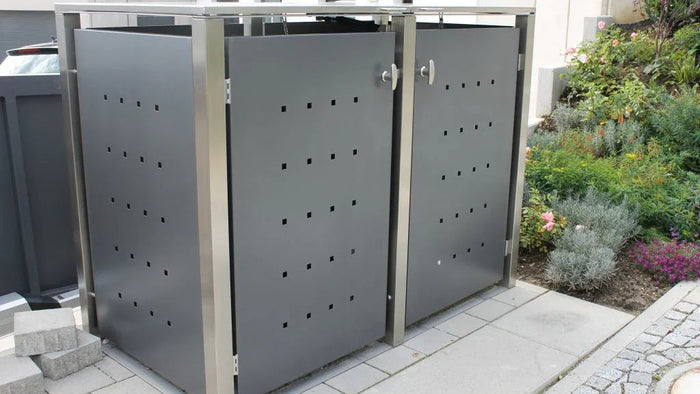 Mülltonnenbox Universal 2er aus Edelstahl, grau anthrazit beschichtet, für 120- und 240-Liter-Tonnen im Vorgarten – Kirchberger Metall