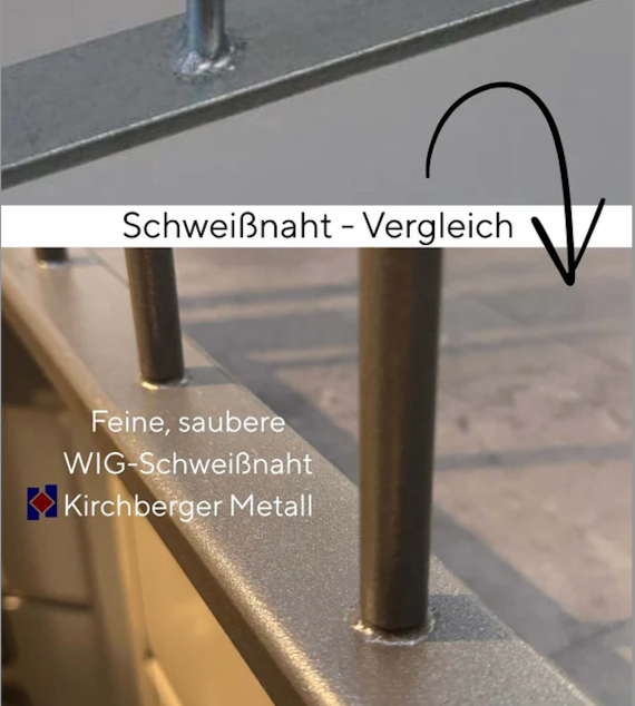 Vergleich feiner, sauberer WIG-Schweißnaht an Metallgeländer, Nahaufnahme