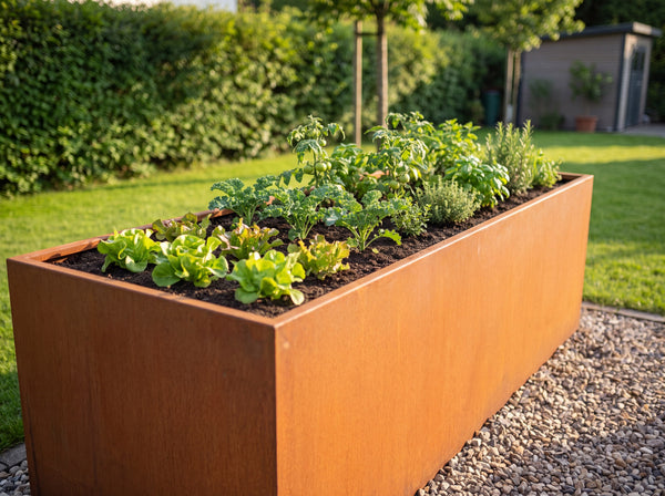 Cortenstahl Hochbeet nach Maß im Garten, bepflanzt mit Gemüse und Kräutern