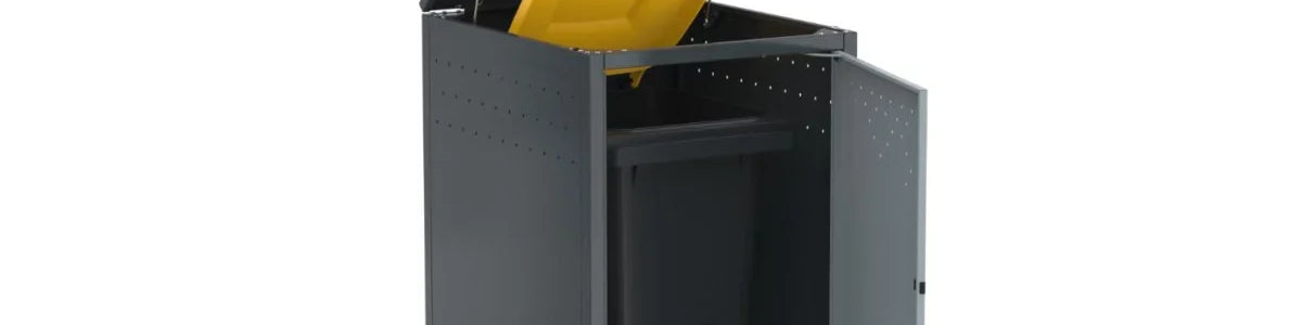 Mülltonnenbox aus Metall mit offenem Deckel und gelber Mülltonne, pulverbeschichtet