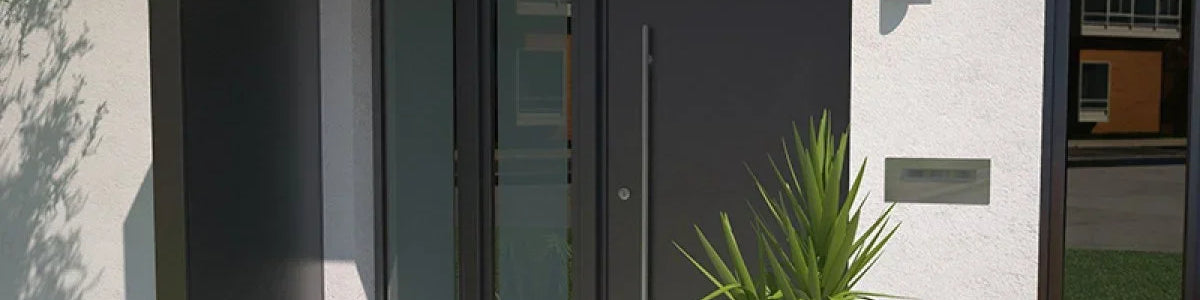Modernes Vordach aus Platin-Aluminium mit Seitenteil an Hauseingang, Design Haustür