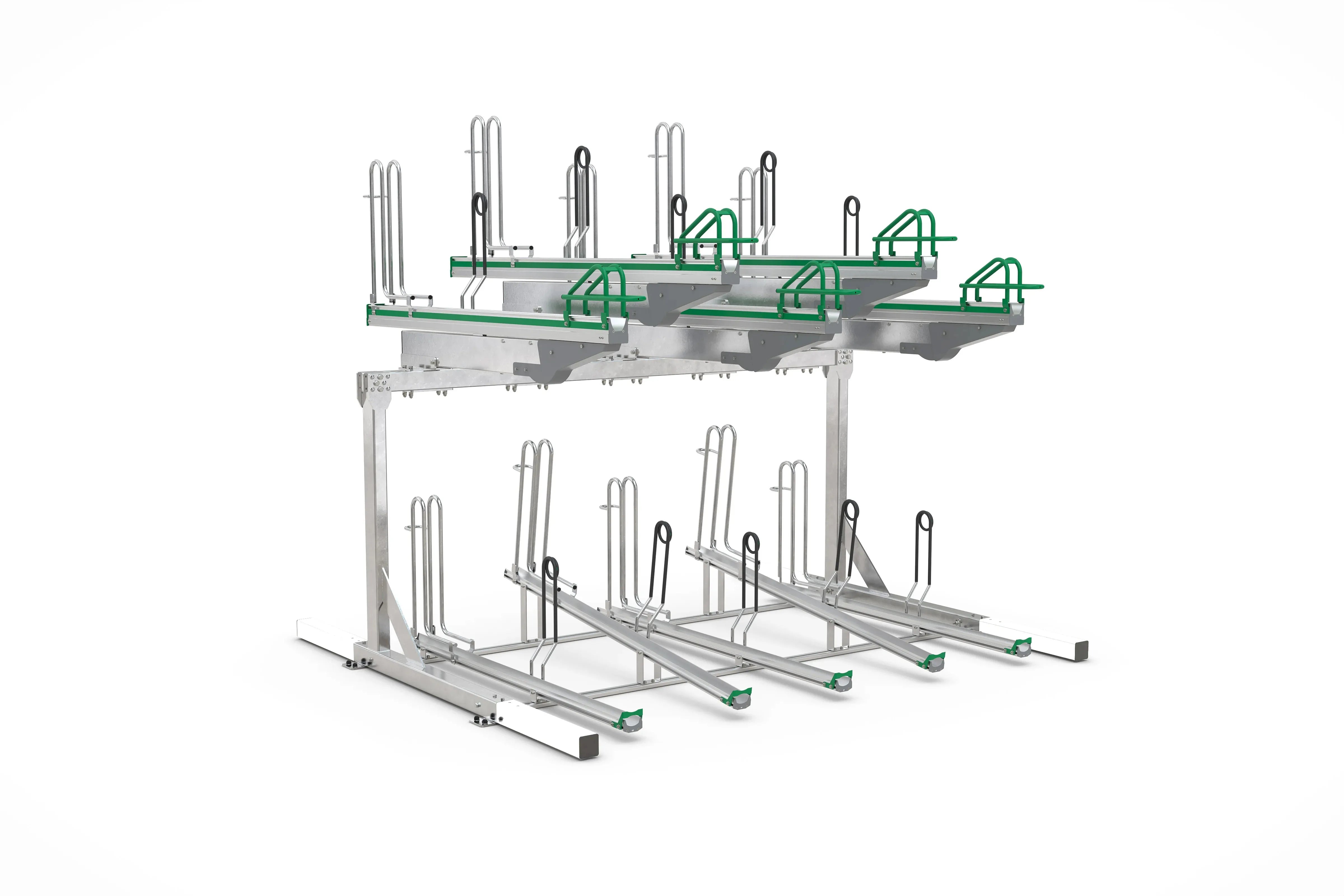 Zweistufiges Fahrradparksystem aus Metall für platzsparendes Abstellen von Fahrrädern.