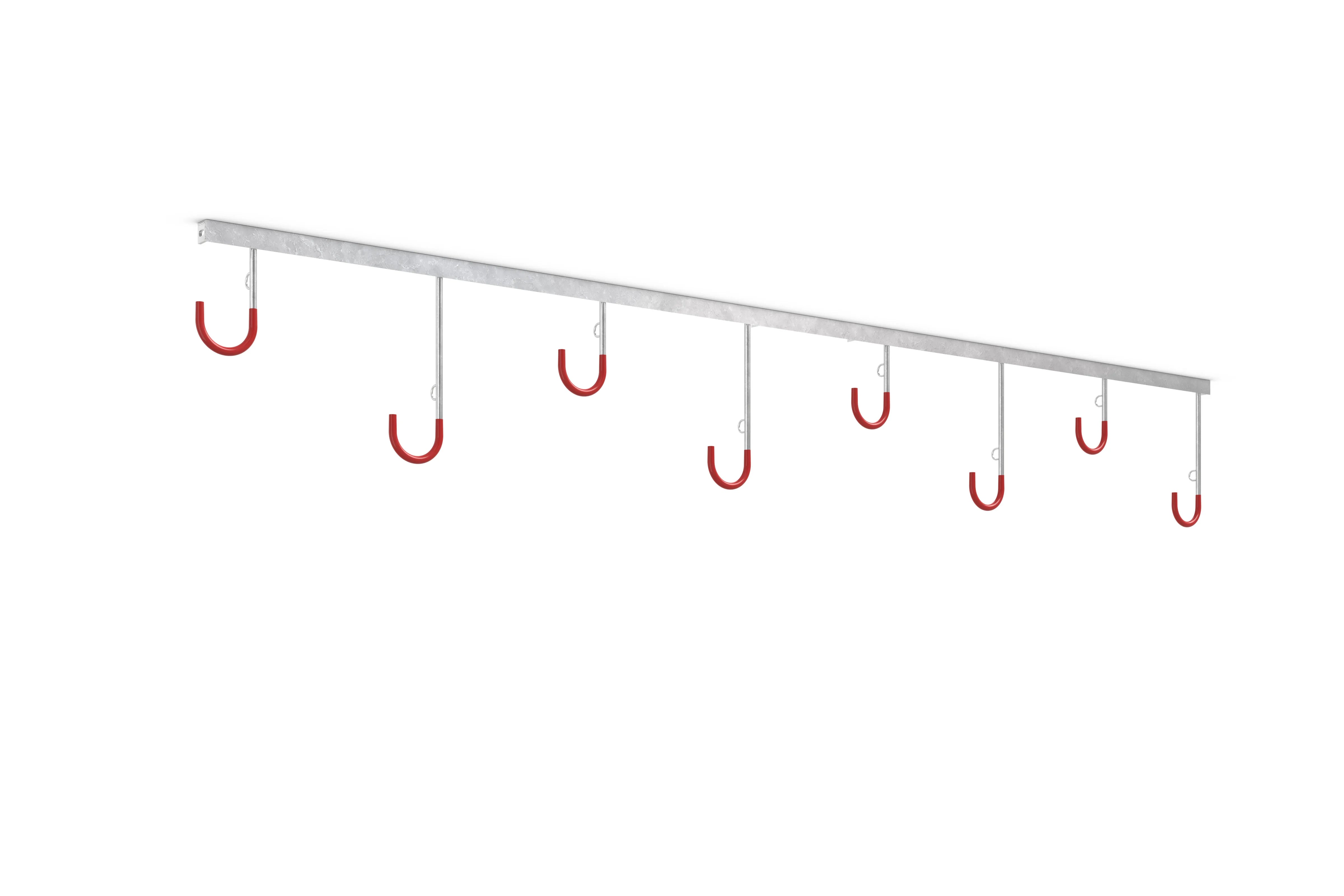 Metall-Fahrradhalter Wandmontage mit sieben roten Haken, ideal für Fahrradparksysteme
