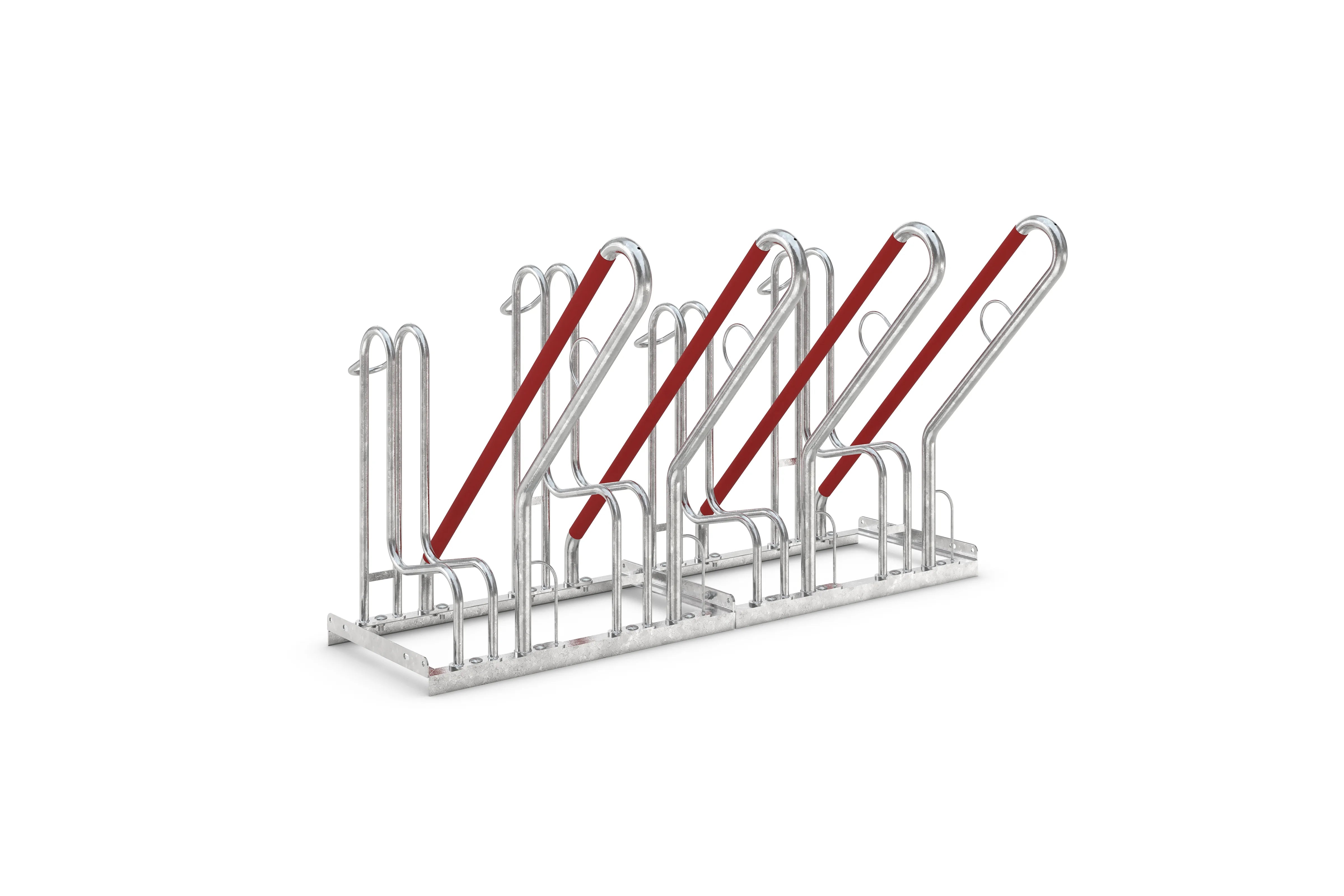 Fahrradständer aus Metall mit vier Stellplätzen und roten Schienen, pulverbeschichtet