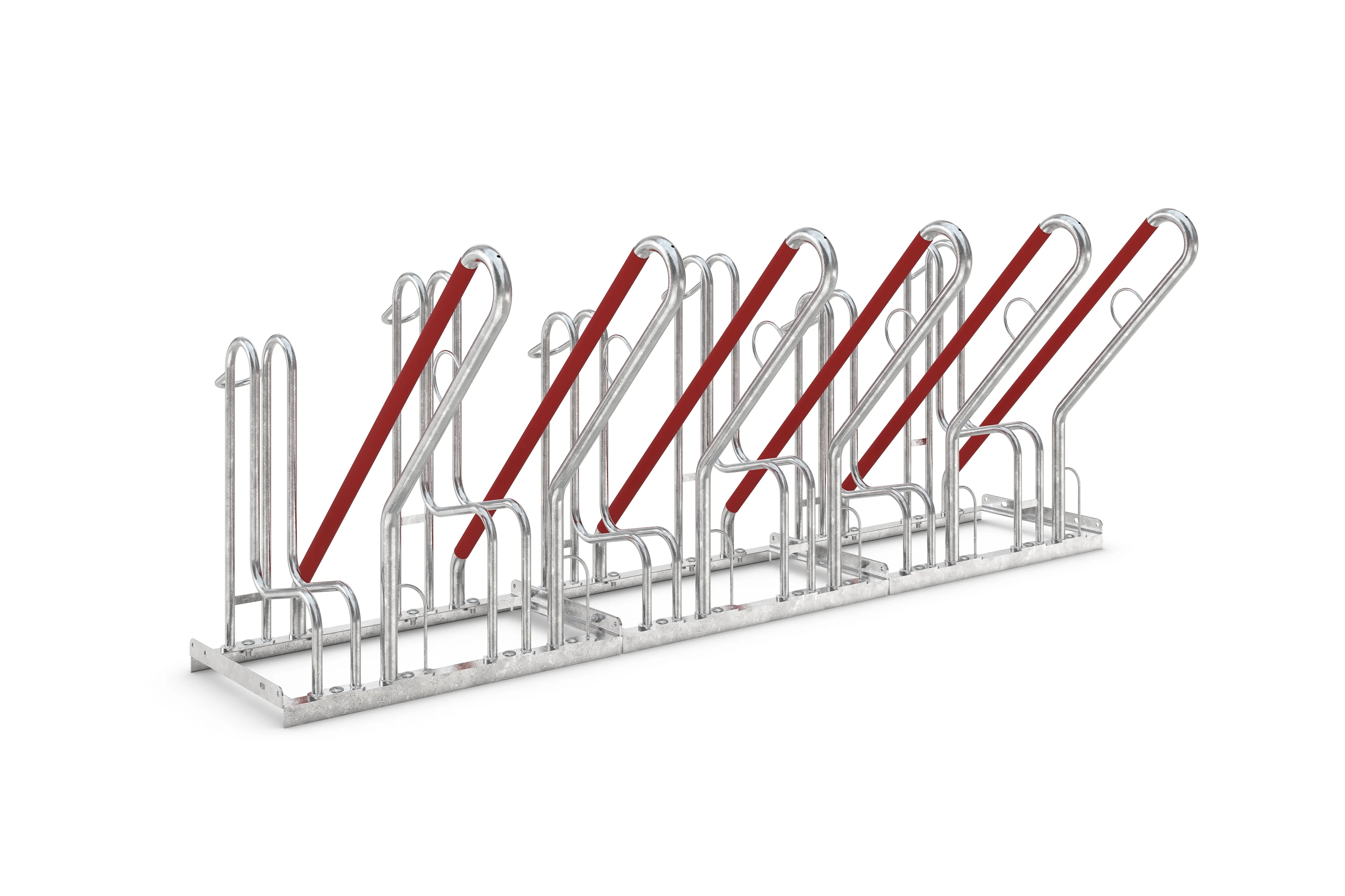 Fahrradständer aus Metall mit fünf Plätzen und roten Schiebeelementen, für Außenbereich