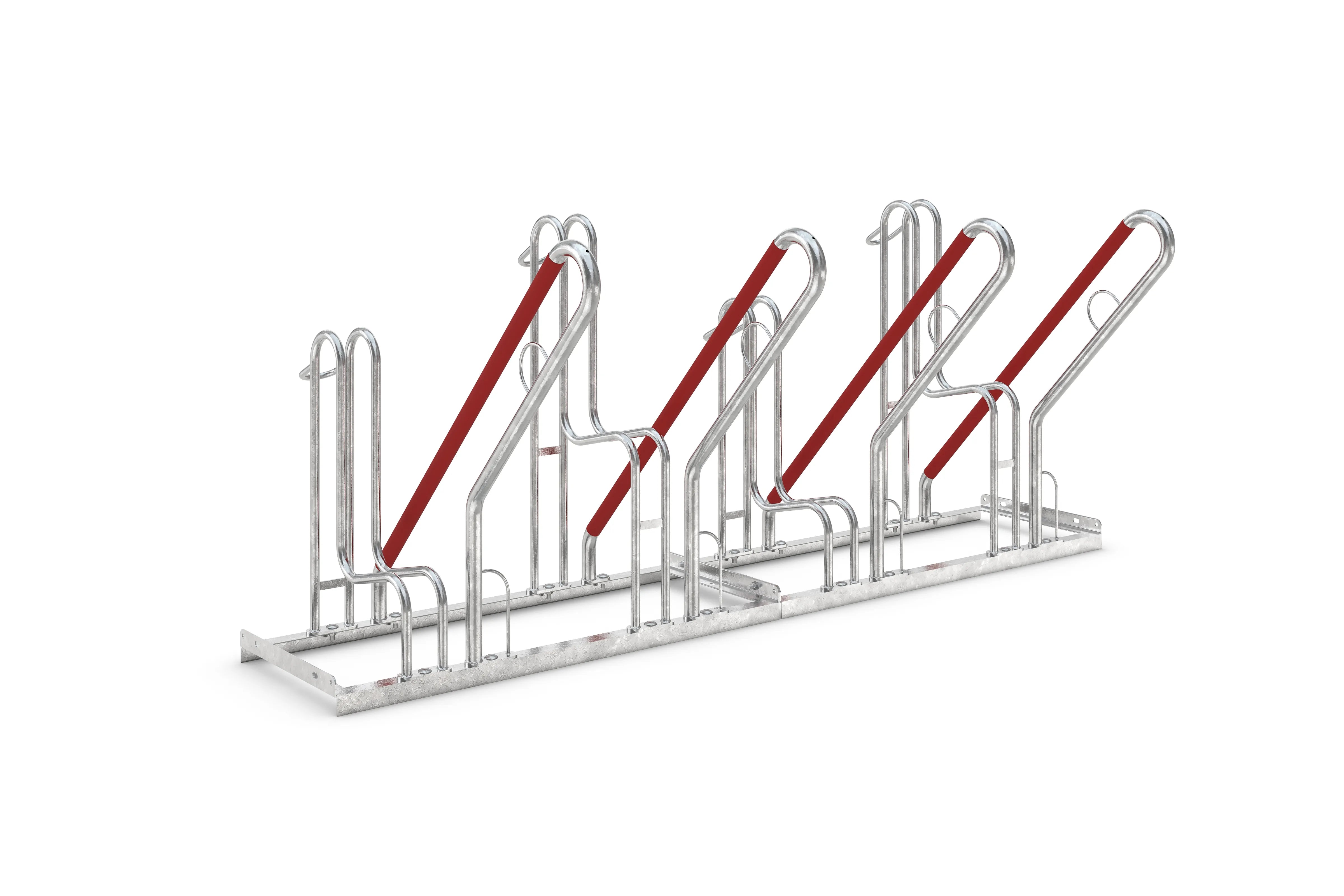 Fahrradständer aus verzinktem Metall mit mehreren Einstellplätzen und roten Streben.