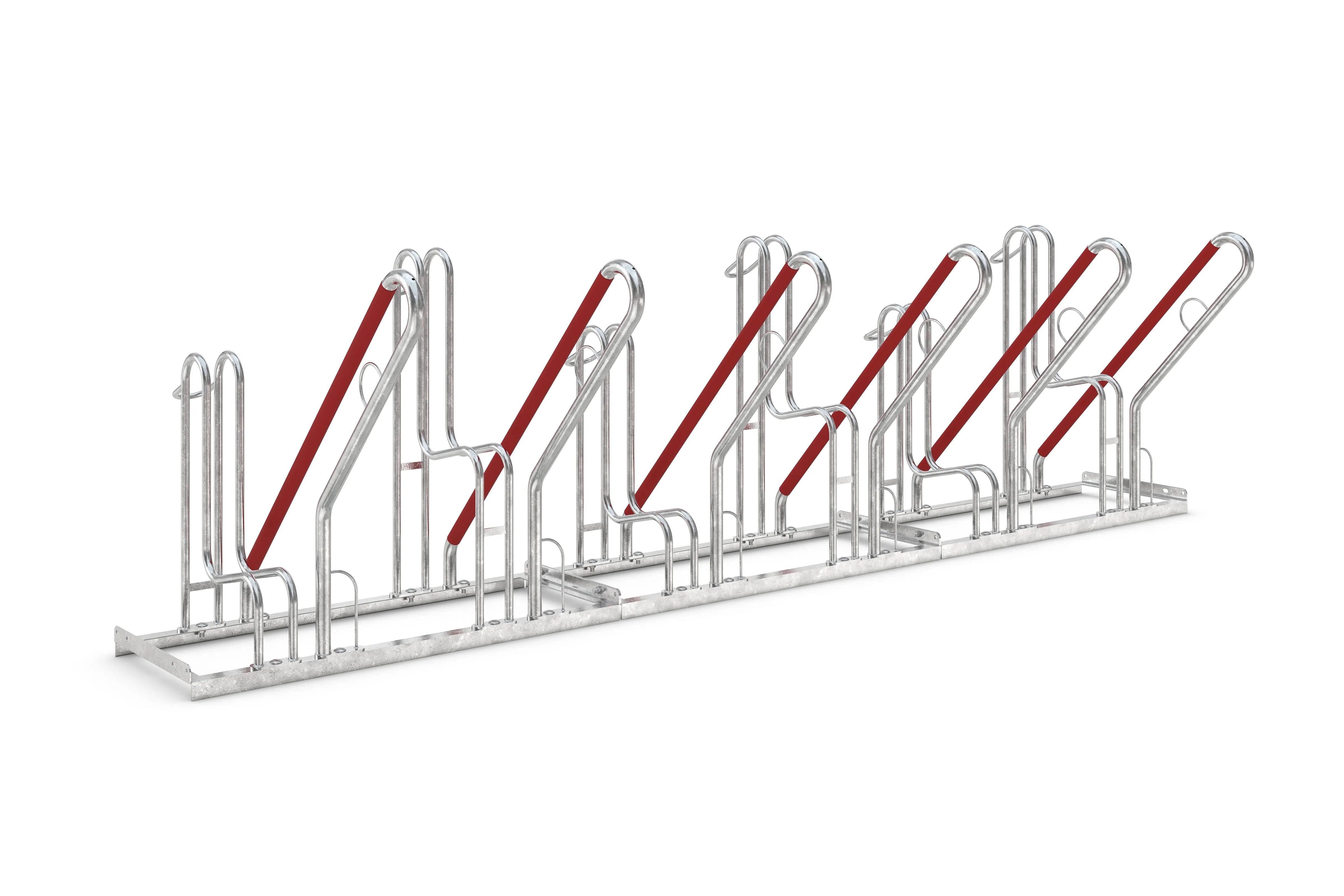 Fahrradständer aus Metall für sechs Fahrräder, verzinkt mit roten Elementen.