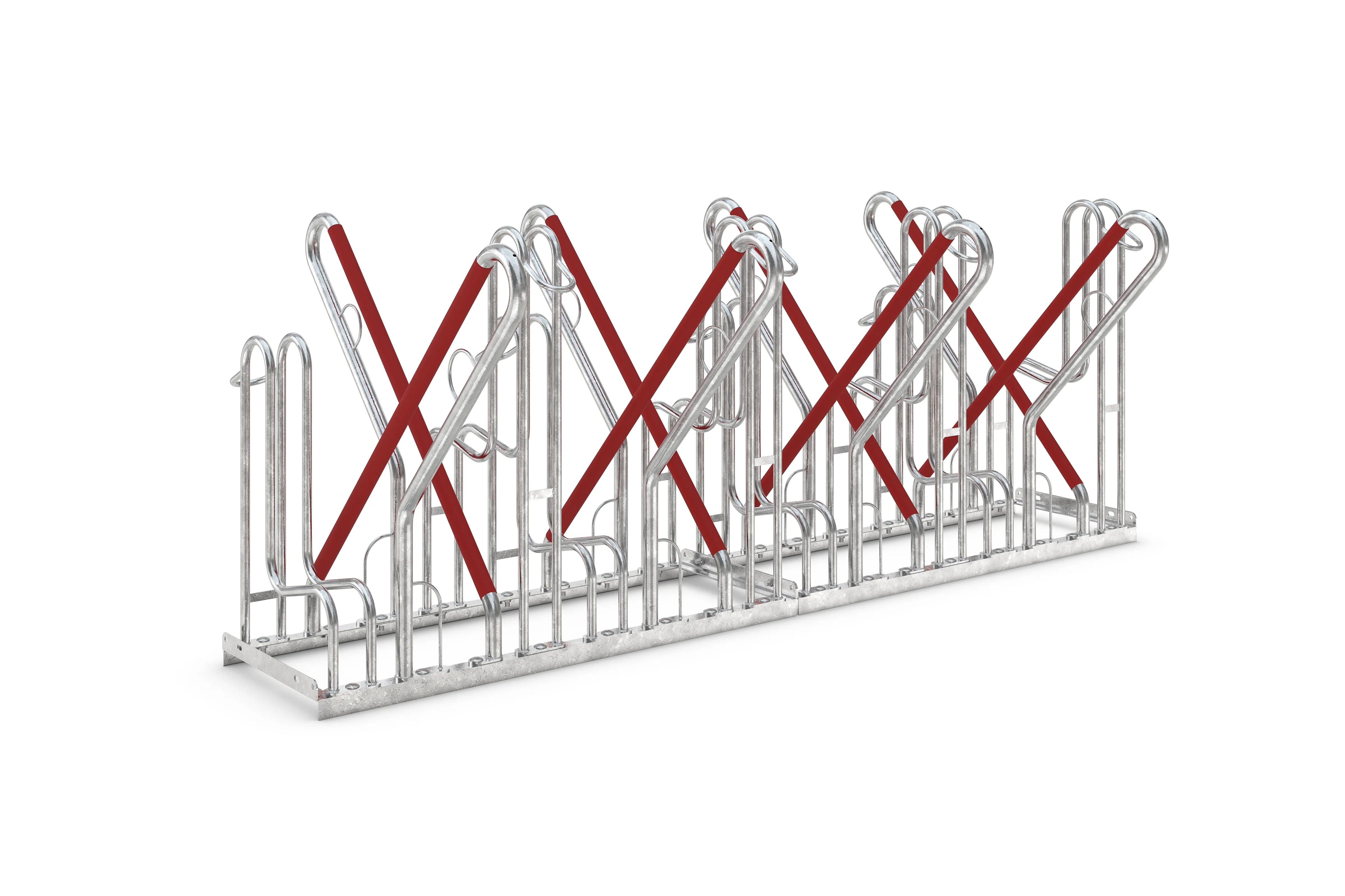 Fahrradständer aus Metall mit roten Streben, mehrreihig, für mehrere Fahrräder