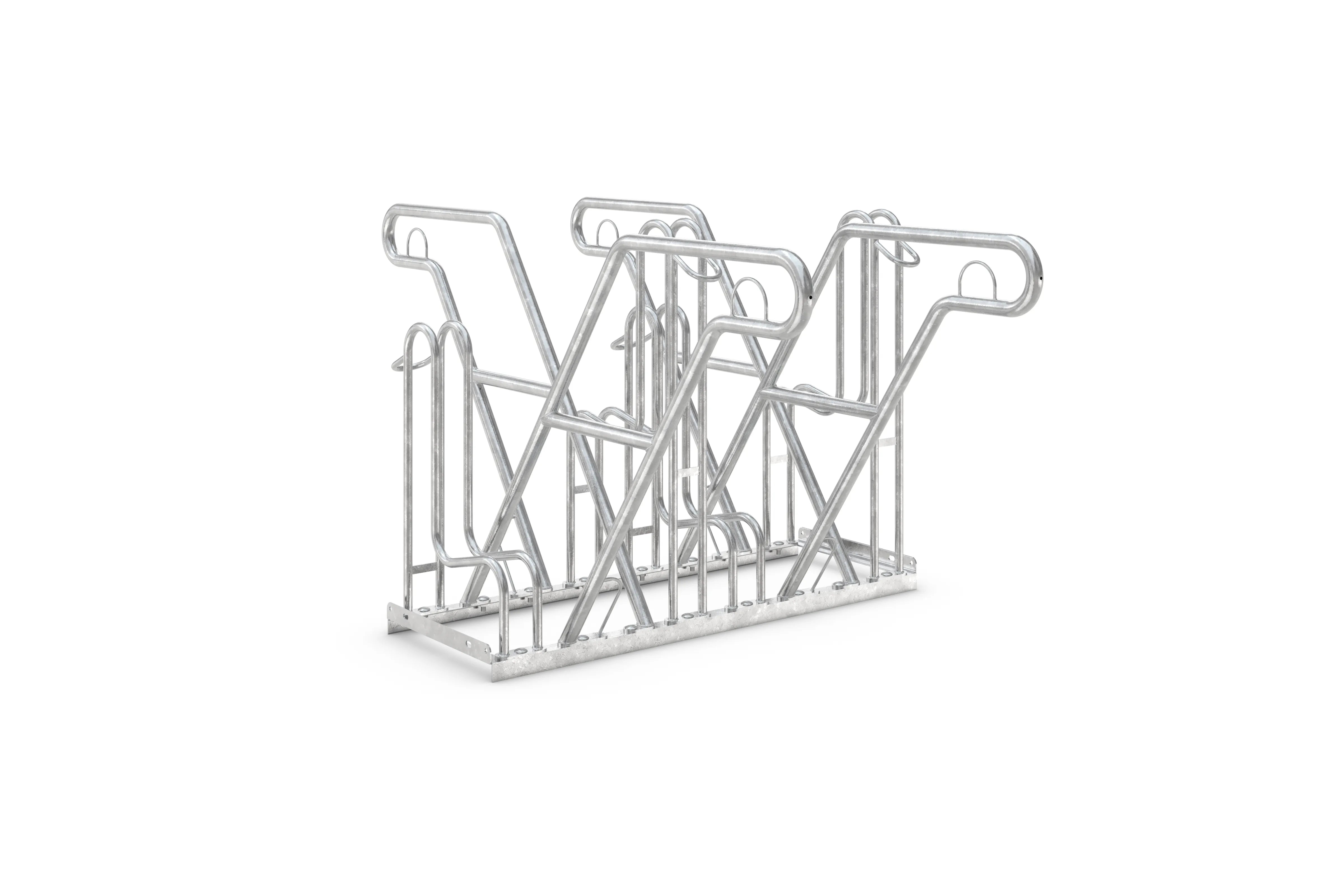Verzinkter Fahrradständer aus Metall für vier Fahrräder auf weißem Hintergrund
