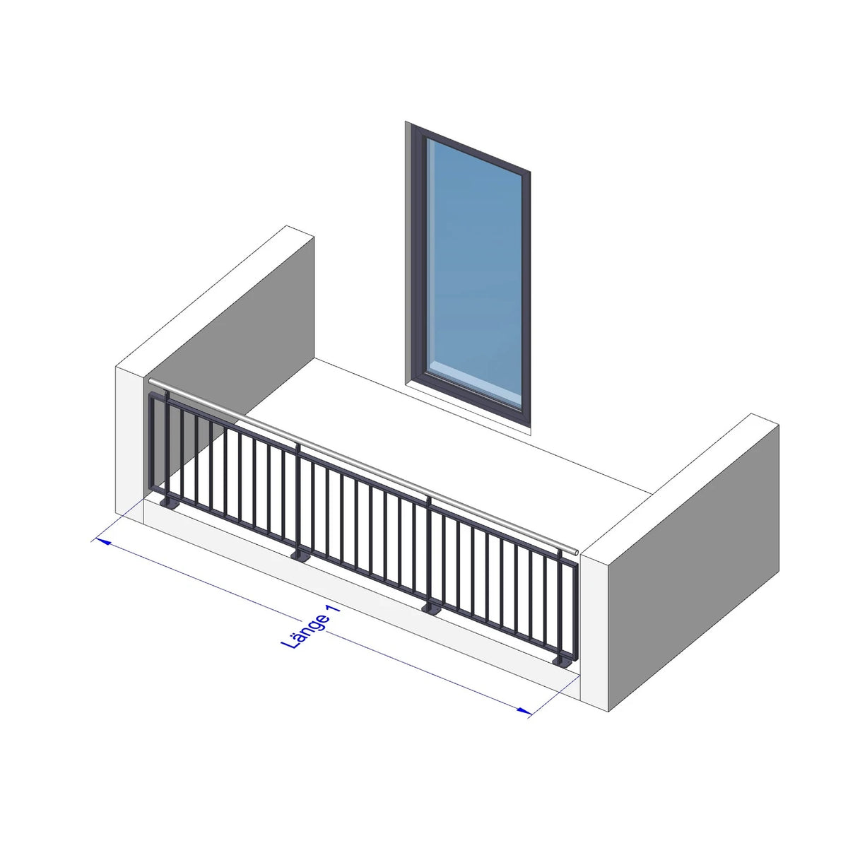 Geländer Modell Bavaria, I-Form (gerade), aufgesetzt, mit Handlauf – Maßskizze Länge 1