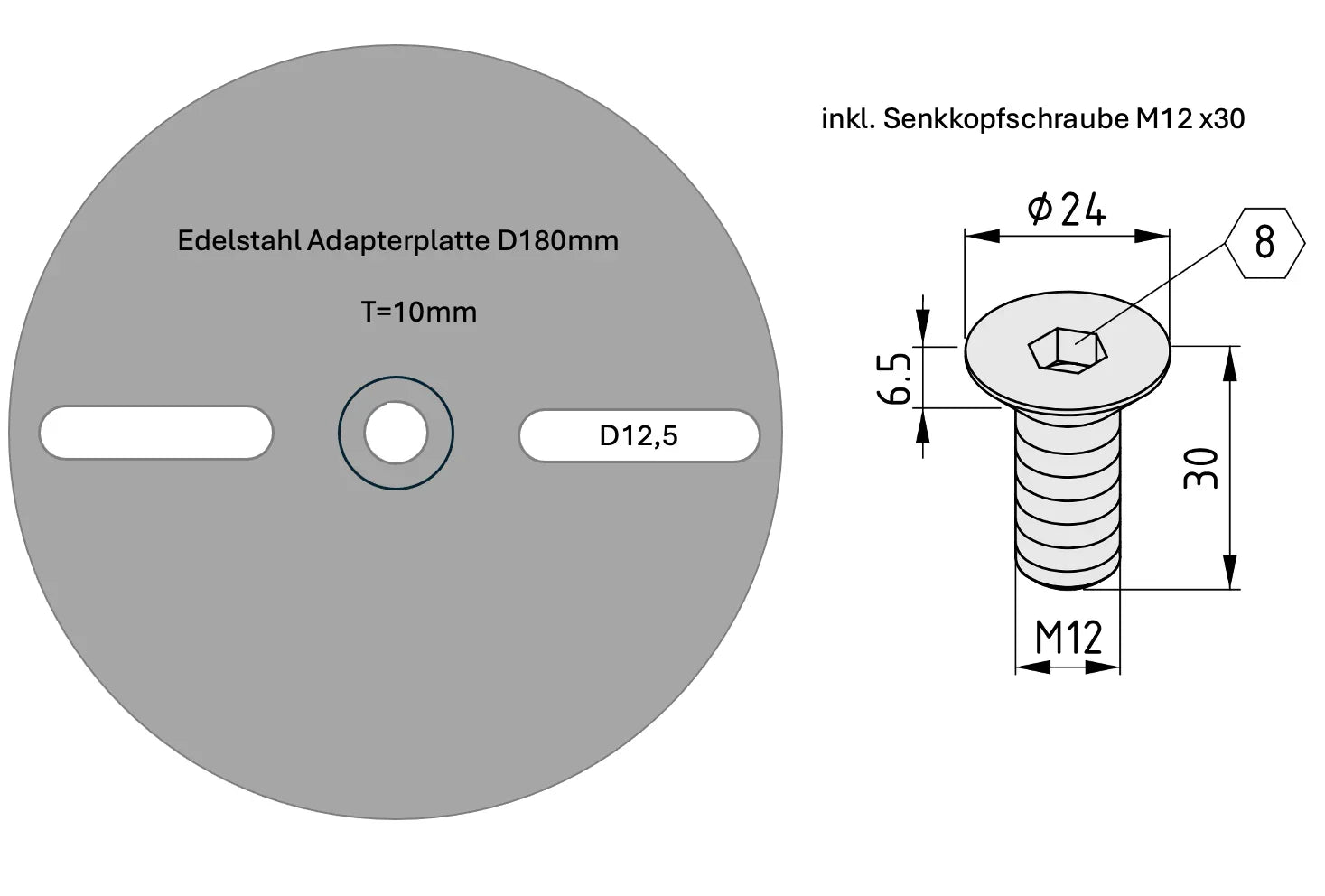 Edelstahl Adapterplatte D180mm mit Senkkopfschraube M12, technische Zeichnung, Metallbau