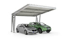 Metall Carport mit zwei Stellplätzen, unter dem zwei Autos parken