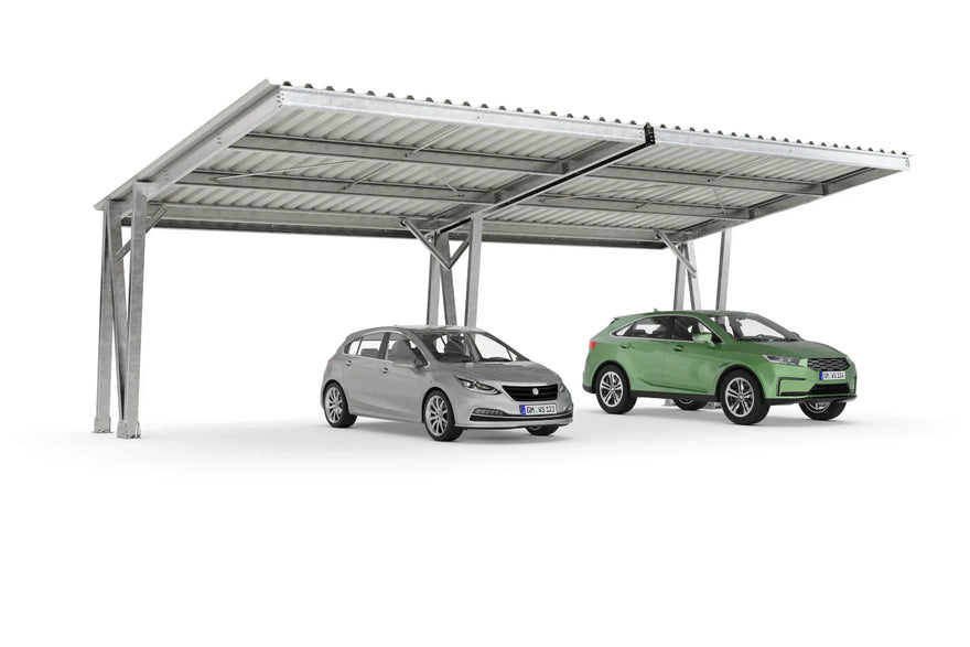 Metall Carport mit Flachdach für vier Stellplätze, zwei Autos geparkt, modern und robust