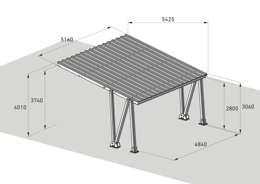 Skizze Metall Carport mit Maßen, Flachdach, stabile Stützen, ideal für Autoüberdachung