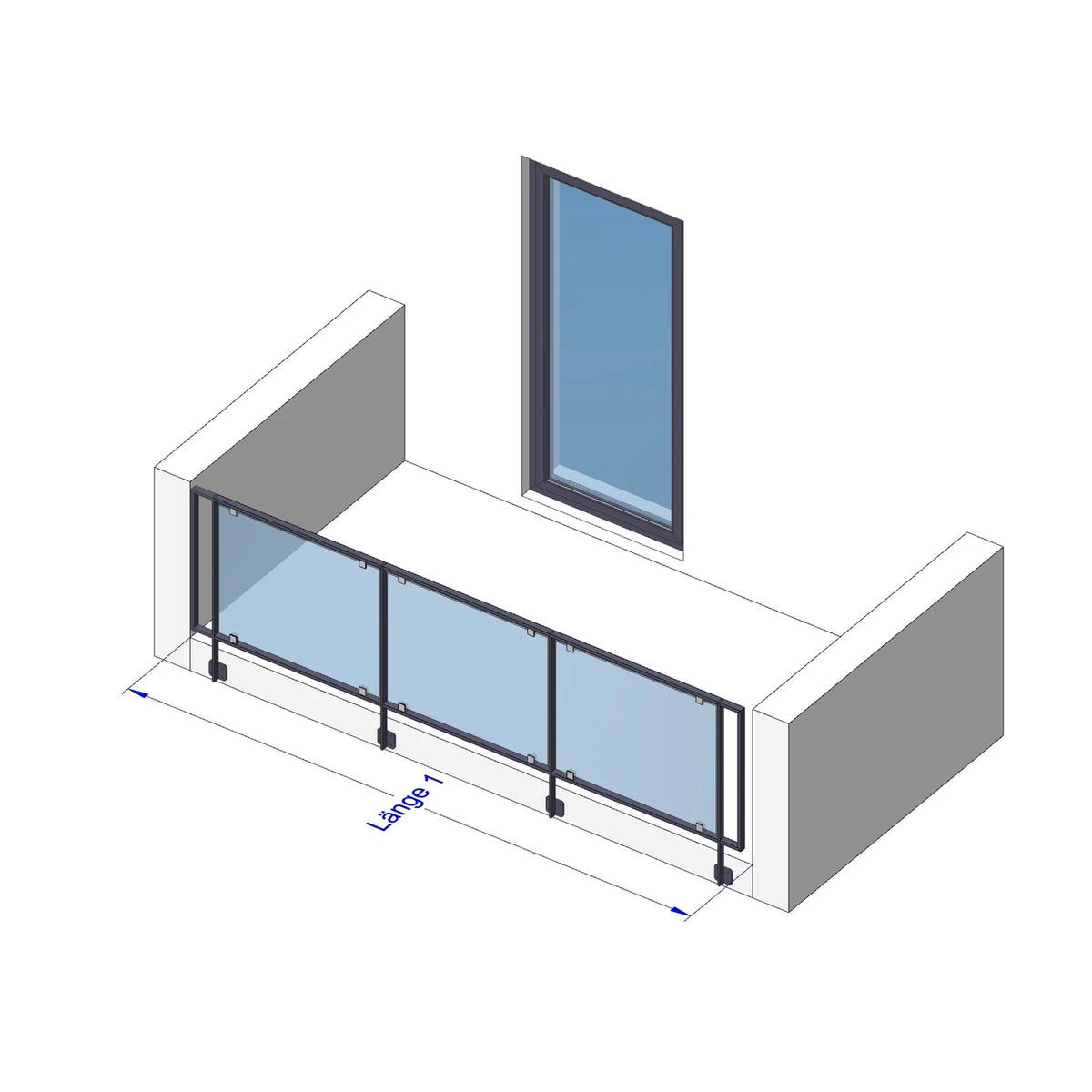 Glas Geländer Modell Vista, I-Form (gerade), vorgesetzt, ohne Handlauf – Maßskizze Länge 1