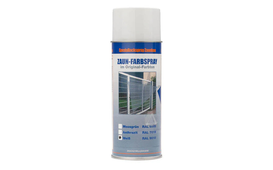 Zaun-Farbspray RAL 9010 Reinweiß Spraydose für Metallzäune, Produktfoto vor weißem Hintergrund