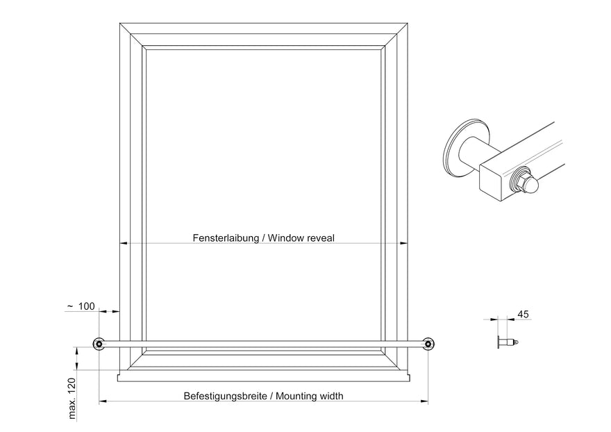 Technische Zeichnung einer rechteckigen Fenster-Brüstungserhöhung aus Metall, mit Maßen und Befestigungsdetails.