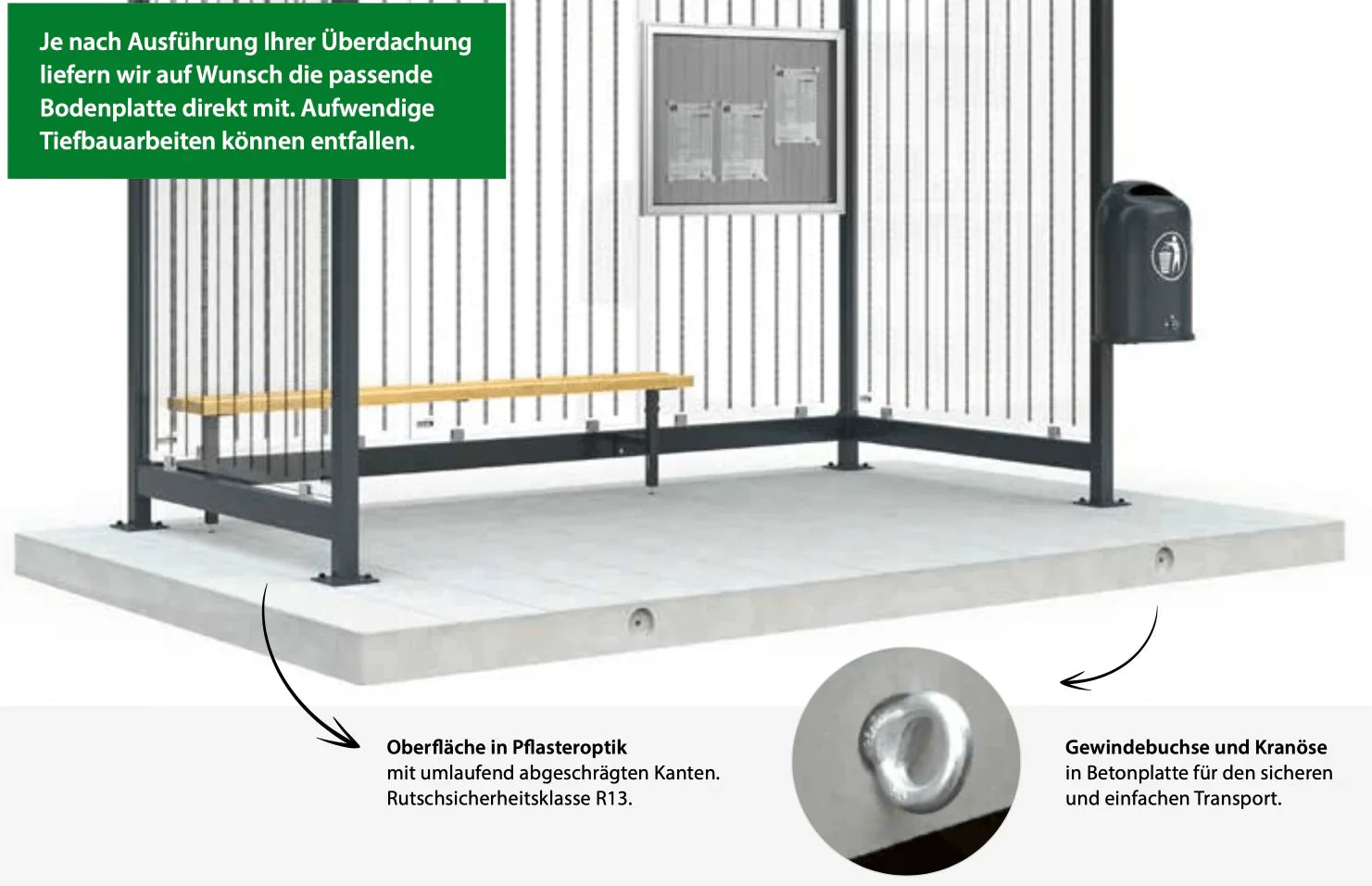 Fertig-Beton-Bodenplatte mit Abkantung, Gewindebuchse und Kranöse, ideal für Unterstände.