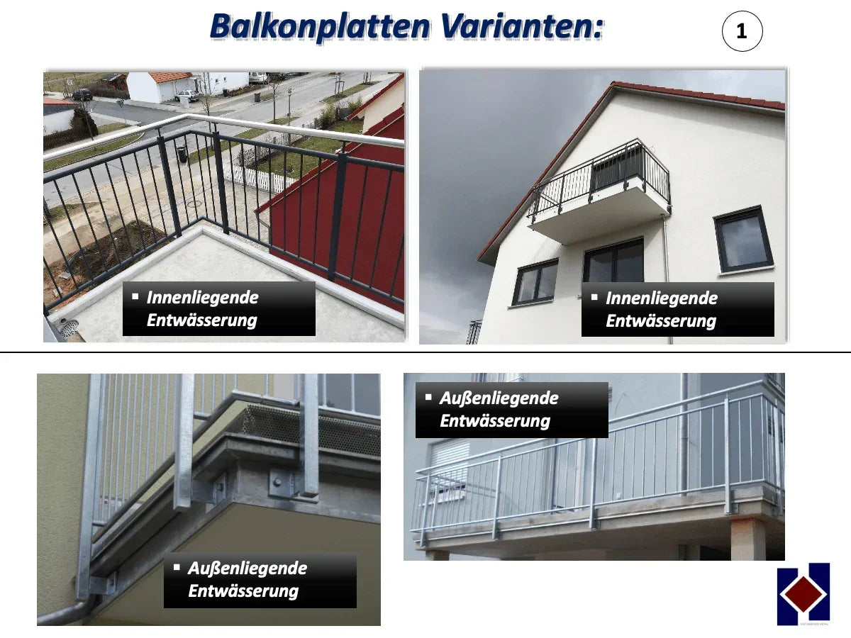 Balkonplatten Varianten mit innenliegender und außenliegender Entwässerung, Metallgeländer