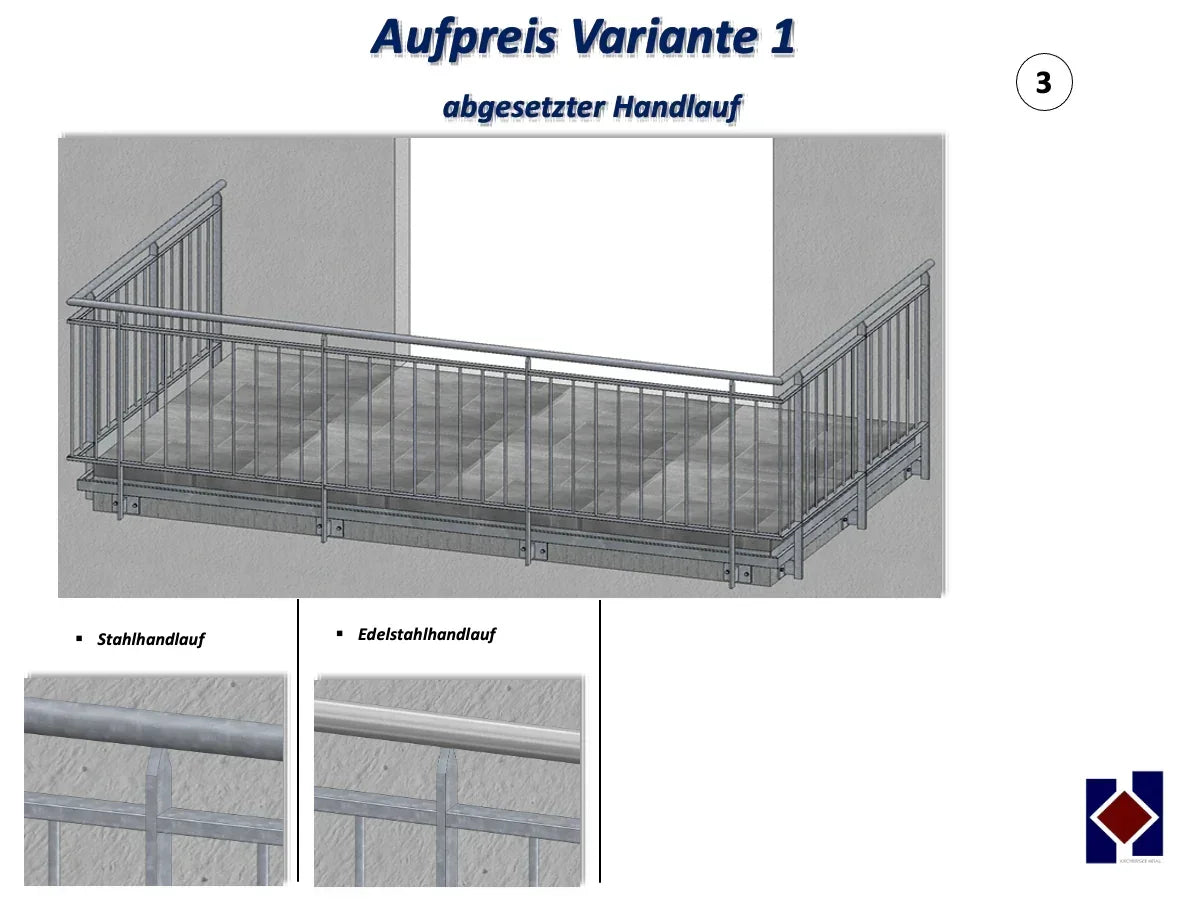 Metall Balkon Geländer mit abgesetztem Handlauf, Stahl- und Edelstahlhandlauf Varianten